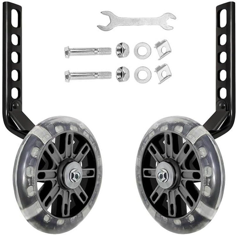 FANCHENGFAN Bicycle Training Wheels, Adjustable, Universal, Stabiliser Support Wheels, Flash Mute Wheel for Bikes 12/14/16/18/20 Inch (Black Alloy Steel)