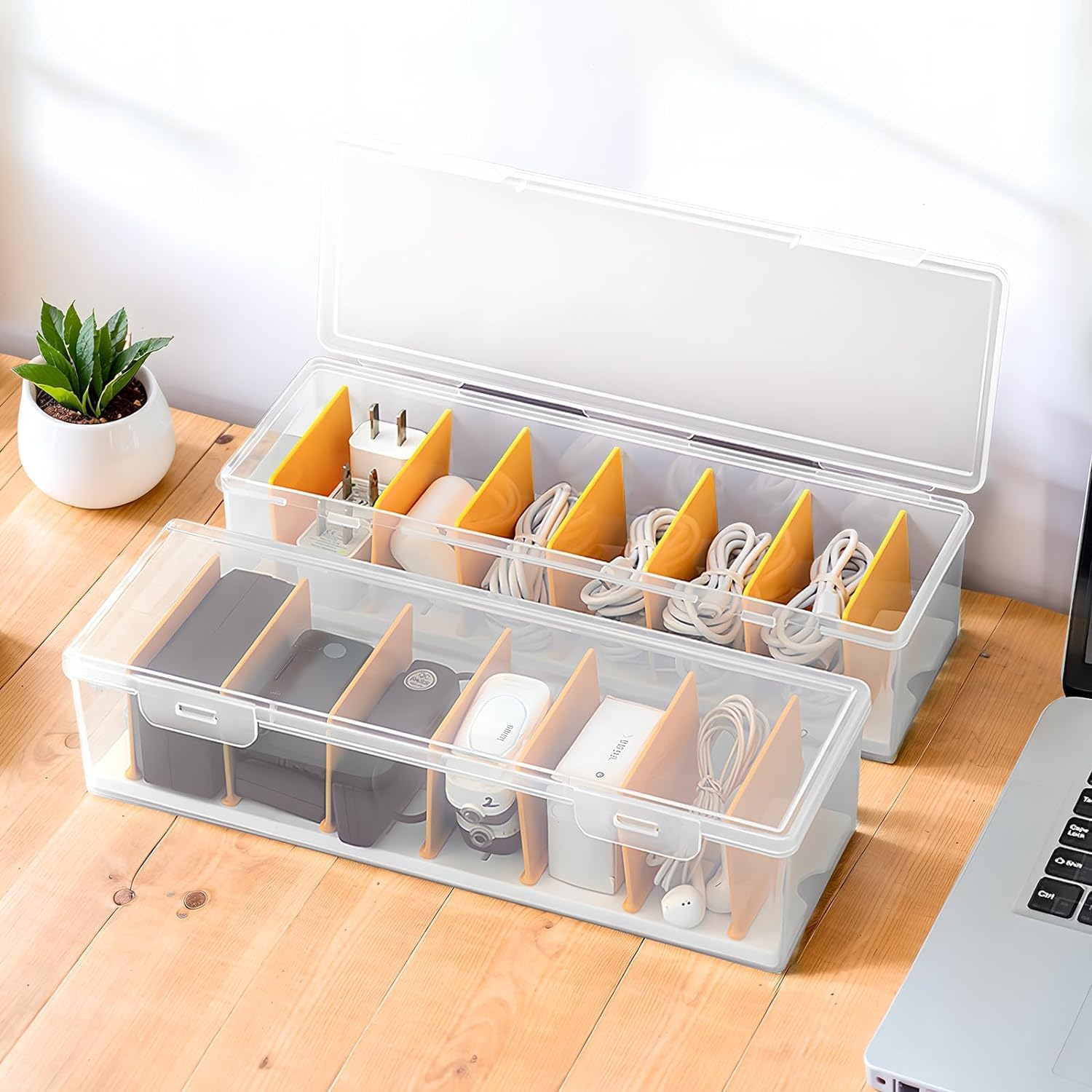 Clear Cable Organizer Box with Lid, Plastic Charger Cable Cord Storage Organizer, Clear Phone Charger Organizer Case Wire Organizers for Cords Electronic Storage Box for Drawer (2) image number 3