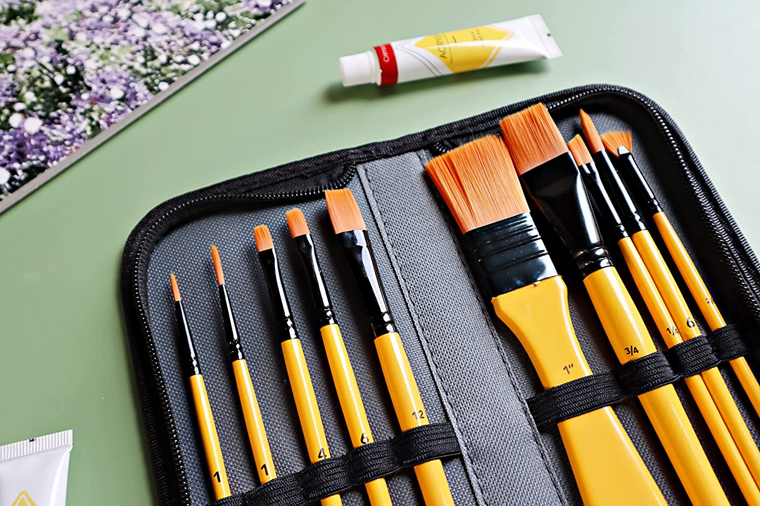 Exerz Acrylic Paint Brush Set 10 Pcs Synthetic Hair Artist Professional Brushes in a Travel Case/Perfect for Acrylic Watercolour Gouache & Face Paint - Acrylic image number 1