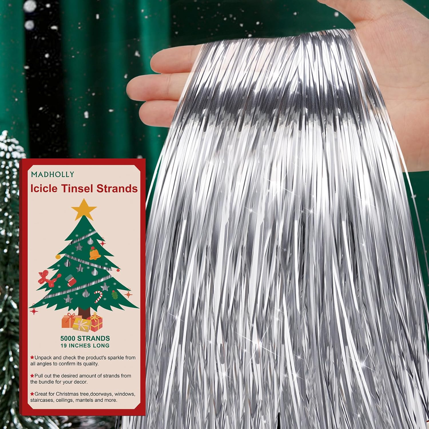 Icicles Tinsel - 5000 Strands 19" Icicle Tinsel Strands for Christmas Tree- Shiny Foil Fringes Tinsel Christmas Tree Decorations for Xmas Tree Holiday Decor Birthday Wedding Party Supplies, Iridescent