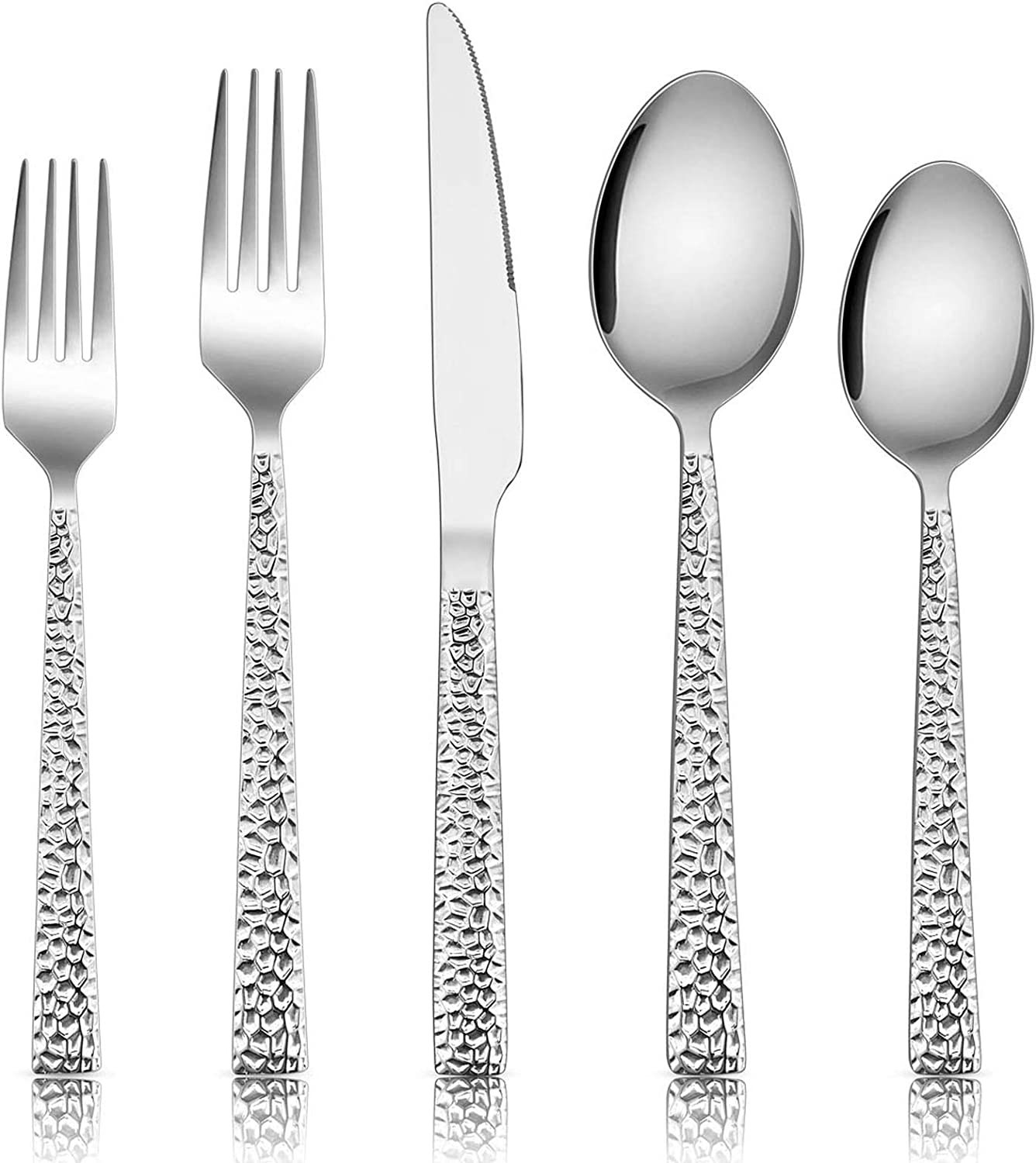 E-Far Hammered Silverware Set, 40-Piece Stainless Steel Square Flatware Set for 8, Metal Tableware Cutlery Set Includes Dinner Knives/Forks/Spoons, Modern Design & Mirror Polished - Dishwasher Safe image number 1