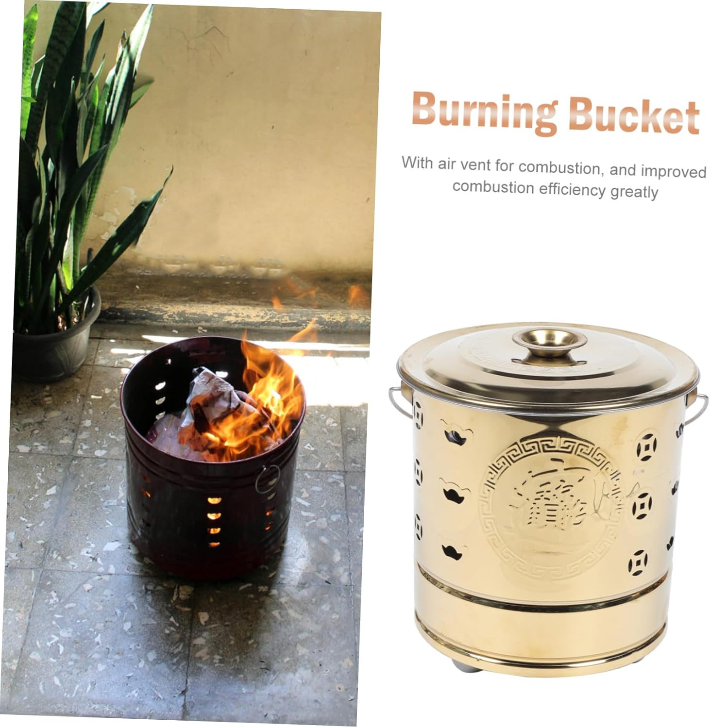 Yardwe Portable Burn Money Barrel Incinerator Bucket with Fire Hook Stainless Steel Paper Money Burner for Home Sacrifice Rituals Hollow Design for Faster Ventilation and Heat Insulation image number 1