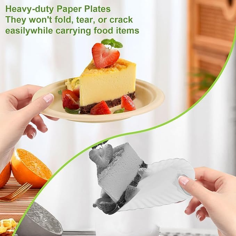 150 Pack Compostable Disposable Paper Plates 7 Inch Super Strong 100% Bagasse Natural Biodegradable Eco-Friendly Sugarcane Plates(Nature) image number 3