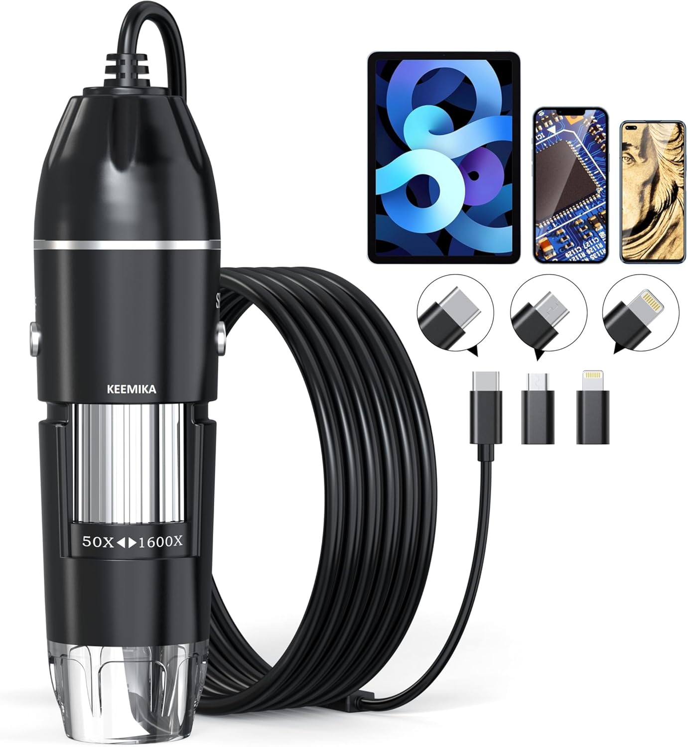 KEEMIKA USB Digital Microscope, 50X-1600X Magnification, 1440P HD, 8 LED Lights, Portable, Compatible with Ios and Android Devices, Black, Plastic and Glass, Achromatic Objective Lens image number 2