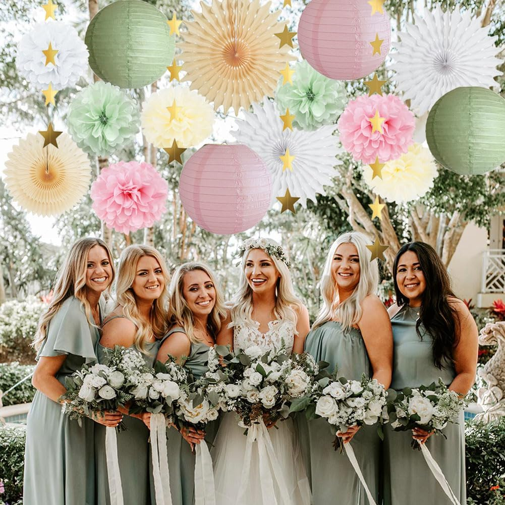 Sage Green Party Decorations Paper Lanterns Decorative Pink Tissue Paper Pom Poms Sage Green and Pink Party Decorations with Gold Star Garland for Baby Shower Bridal Shower Birthday Wedding image number 3