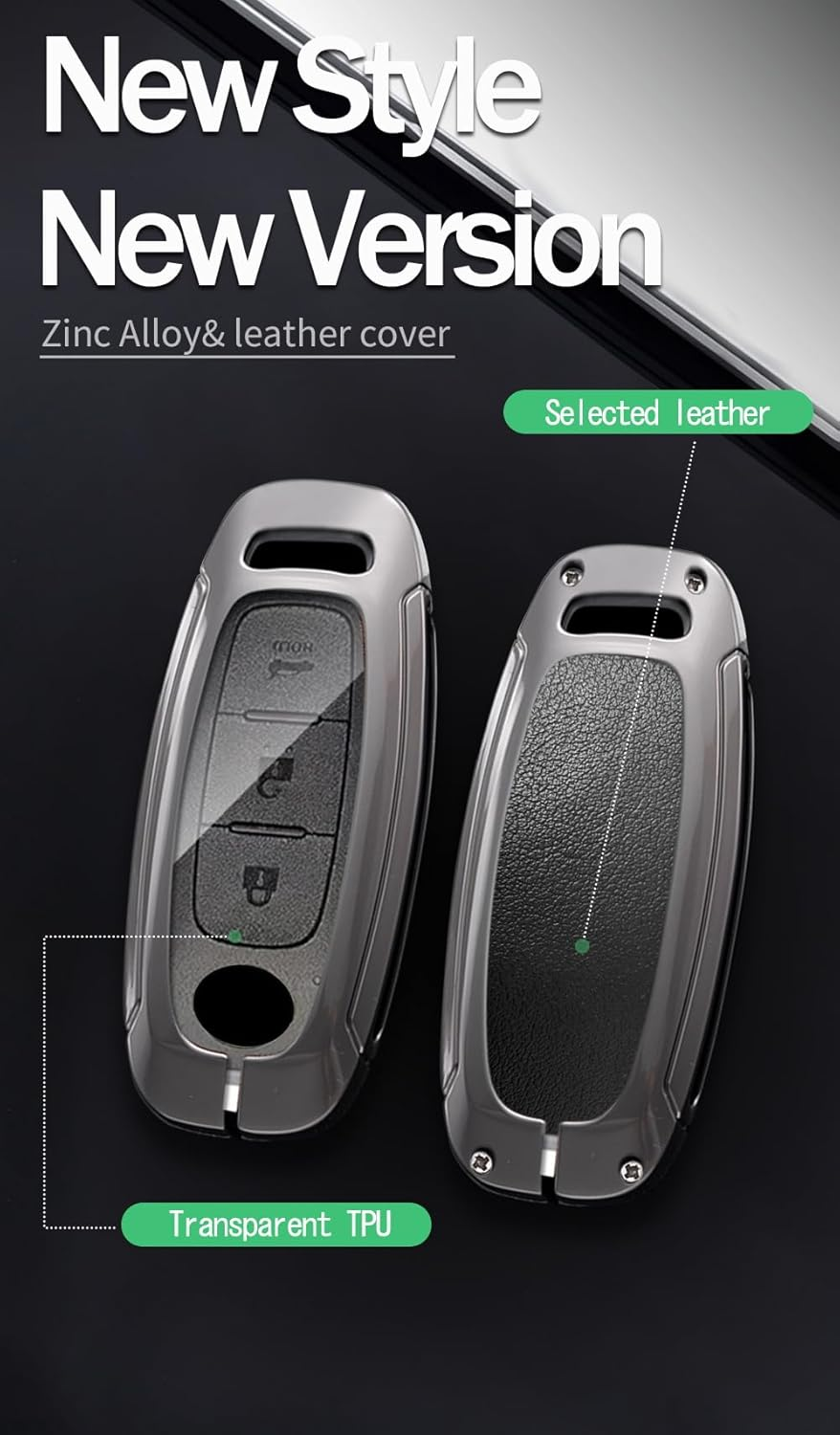 Ontto Metal Leather Car Key Fob Cover Fit for Nissan Ariya Qashqai X-Trail Epower Juke Teana 2023 2024 Smart Key Holder Case Keyring Shell Bag Keychain Auto Styling Accessories - Long Keychain-Black image number 3