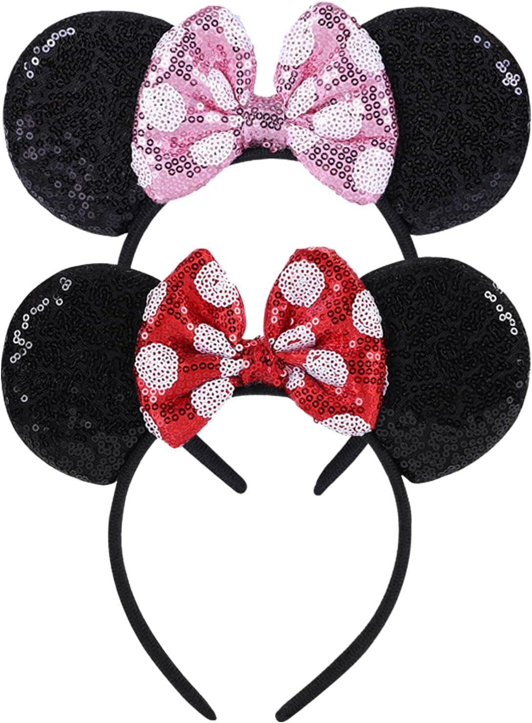 Socathey 2PCS Mouse Ears Headband for Women & Girls, Shiny Sequin Bow Mouse Headbands for Birthday Party & Theme Paradise (Red & Dot Red)