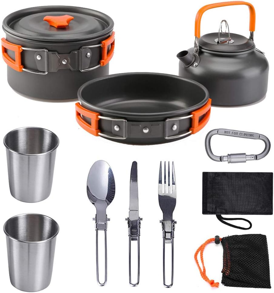 10PCS Camping Cookware Stove Kettle Mess Kit &ndash; Camping Cooking Set - Camping Pots and Pans Set - Camp Accessories Equipment - Backpacking Supplies Survival Gear for Outdoor and Picnic