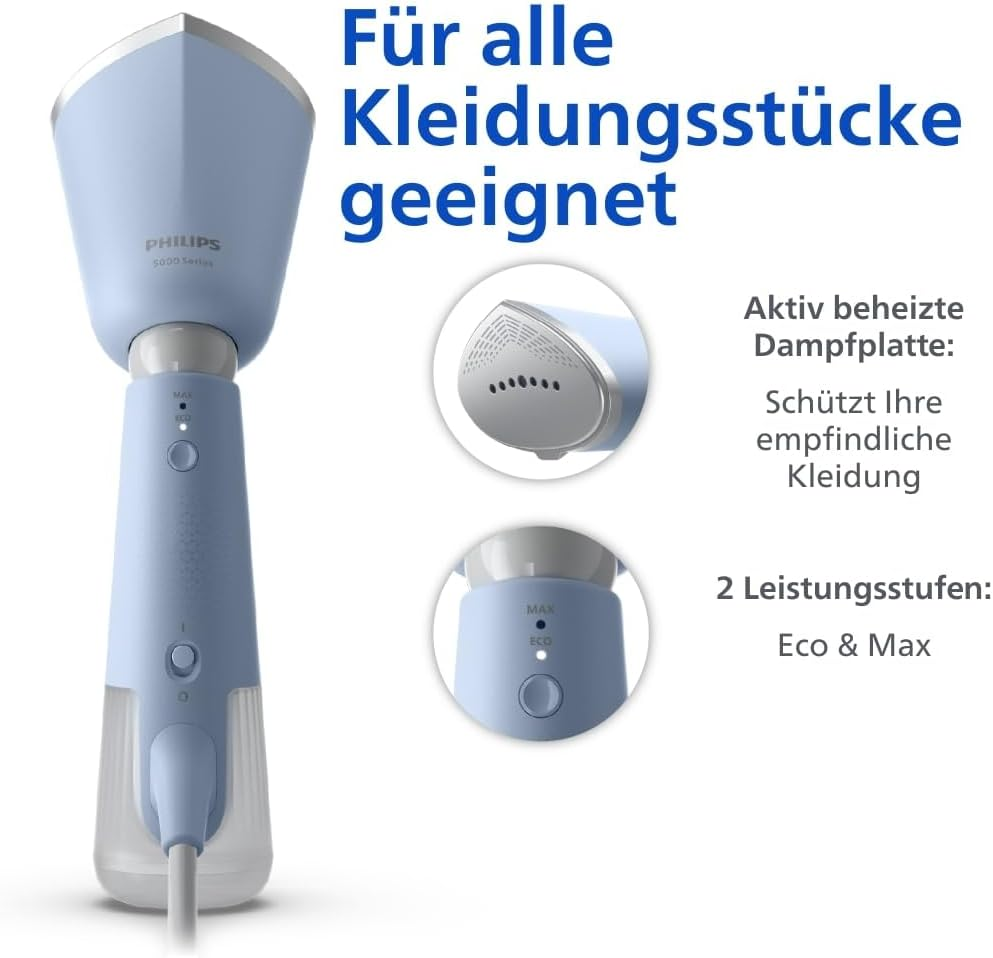 Philips Steamer 5000 Series - 35 Seconds Heating, Active Heated Steam Plate, Eco Mode, for Delicate Textiles, Steams Vertical & Horizontal, Glove & Bag, Sky Blue (STH5020/20) image number 6