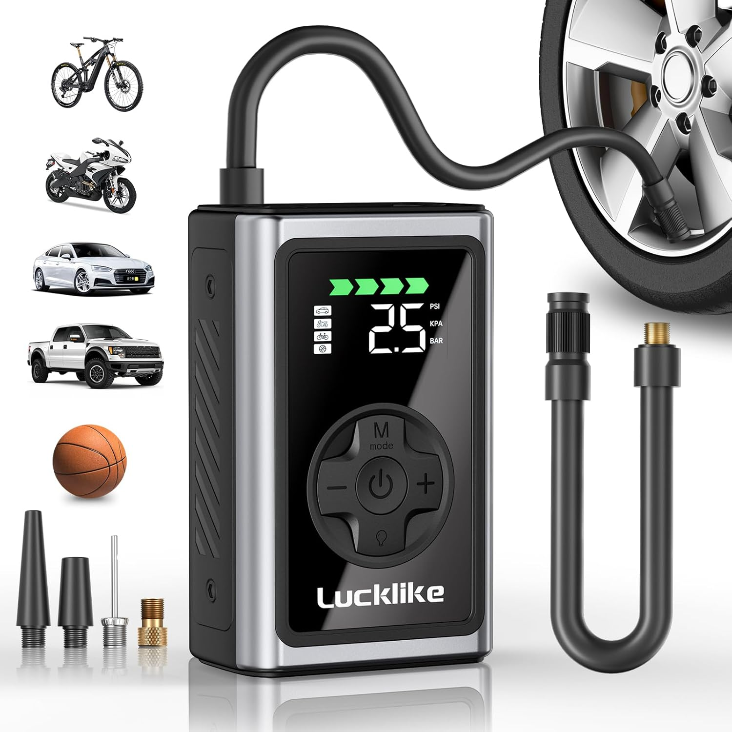 Lucklike Tire Inflator Portable Air Compressor,150Psi Cordless Portable Air Pump for Car Tire, Electric Bike Tire Pump with Digital Pressure Gauge, LED Light for Car, Bike, Motorcycle, Ball image number 4
