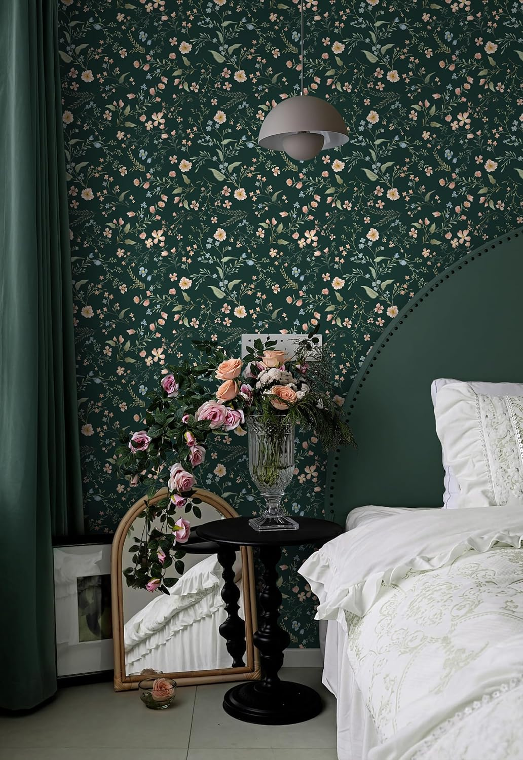 Eeecoming Floral Peel and Sick Wallpaper Vintage Wall Paper Green Contact Paper Flowers Removable Self Adhesive Wallpaper for Bedroom Bathroom Cabinets Vinyl Roll 17.3"X196.8" image number 2