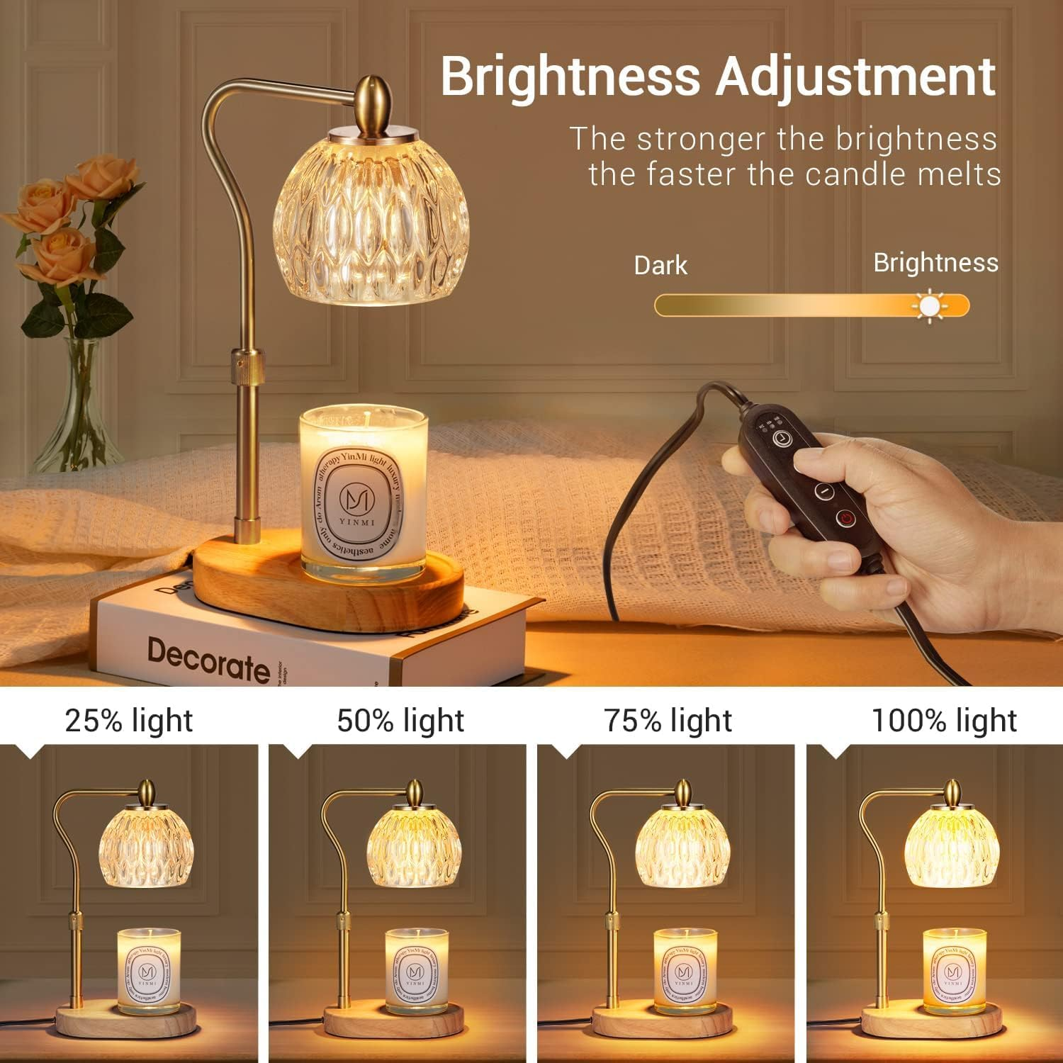 Candle Warmer Lamp with Timer & Dimmer - Height Adjustable for Scented Candles - Includes 2 50W Bulbs for Home Decor (Gold) image number 3