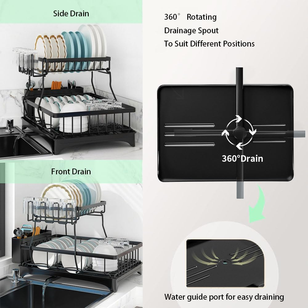 Dish Drying Rack, Dish Rack with Draining Tray, Made of Carbon Steel, Removable Cutlery Holder with Drip Tray Swivel Draining Spout, for Kitchen Countertop（Black 2） image number 4