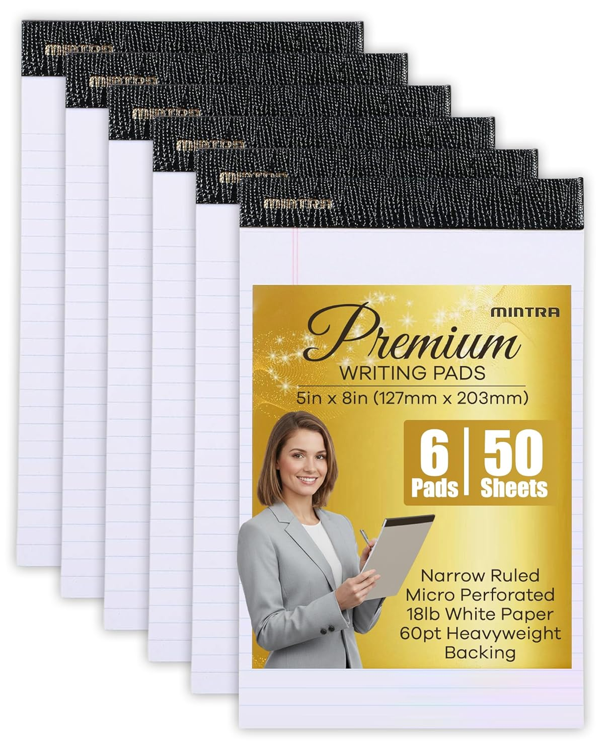 Mintra Office Legal Pads - ((Premium White 6Pk, 5In X 8In, Narrow Ruled)) - 50 Sheets per Notepad, Micro Perforated Writing Pad, Notebook Paper for School, College, Office, Professional