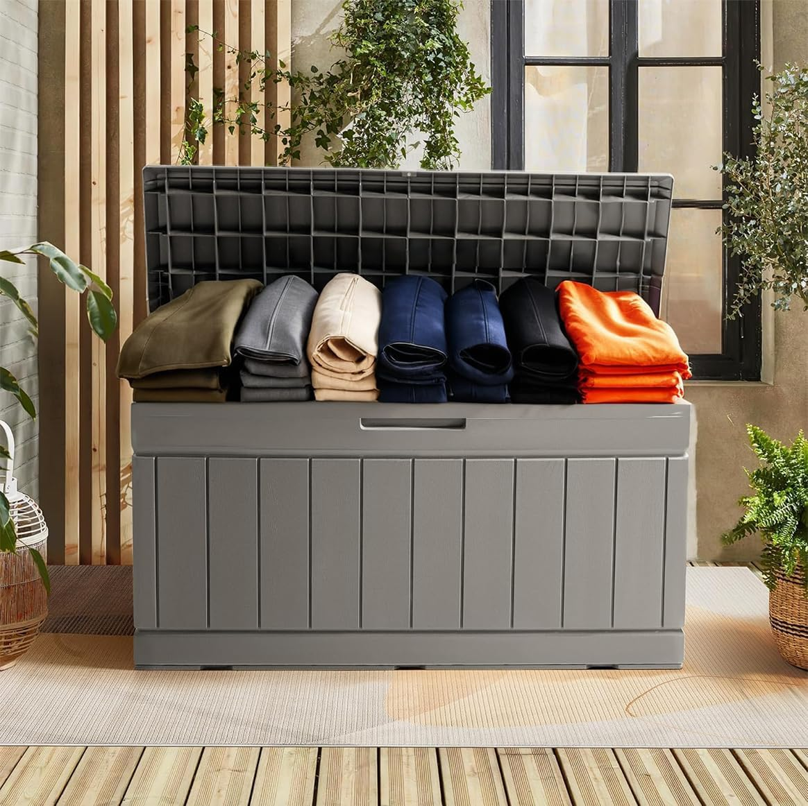 320L Lockable Resin Deck Box Waterproof Outdoor Storage Container for Patio Furniture Cushions & Pillows (Grey)