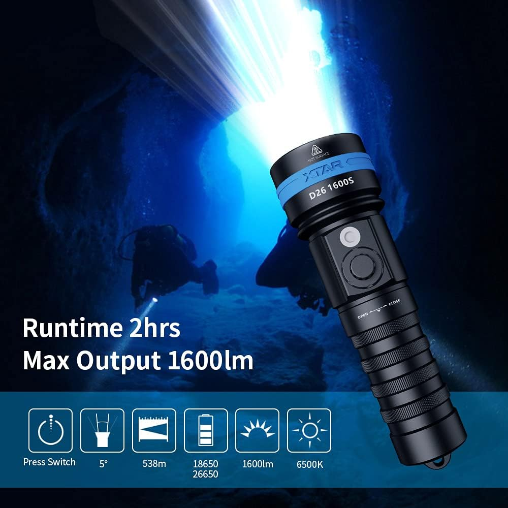 XTAR D26 1600 Lumen Scuba Diving Flashlight Dive Torch Underwater 100 Meters Submarine Lights for under Water Deep Sea Cave at Night image number 1