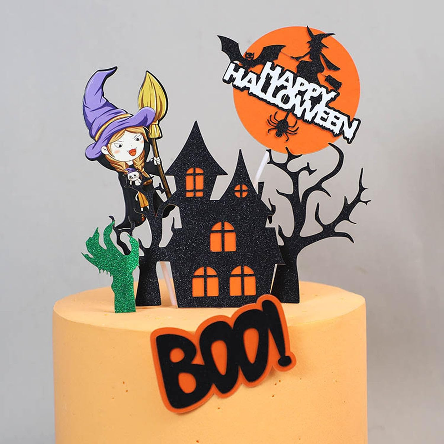 Halloween Birthday Cake Toppers Decorations, 6Pcs Moon Ghost Pumpkin Ghost Head Spider Tombstone Witch Cake Decorations Cake Decorations for Trick-Or-Treat Halloween Party Supplies Decor Witch - Bat image number 2
