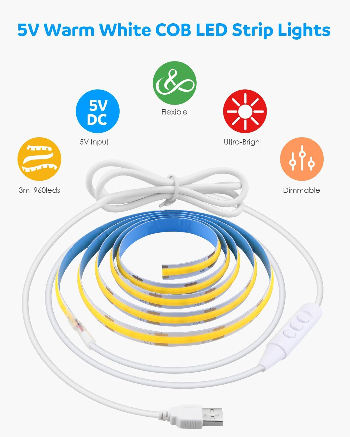 Aclorol 3M COB LED Strip Light Warm White 3000K 5V USB Flexible LED Light Strip 8Mm Width Dimmable CRI85+ Dotless LED Tape Light High Density 320Leds/M for Bedroom Kitchen under Cabinet Home Decor image number 3