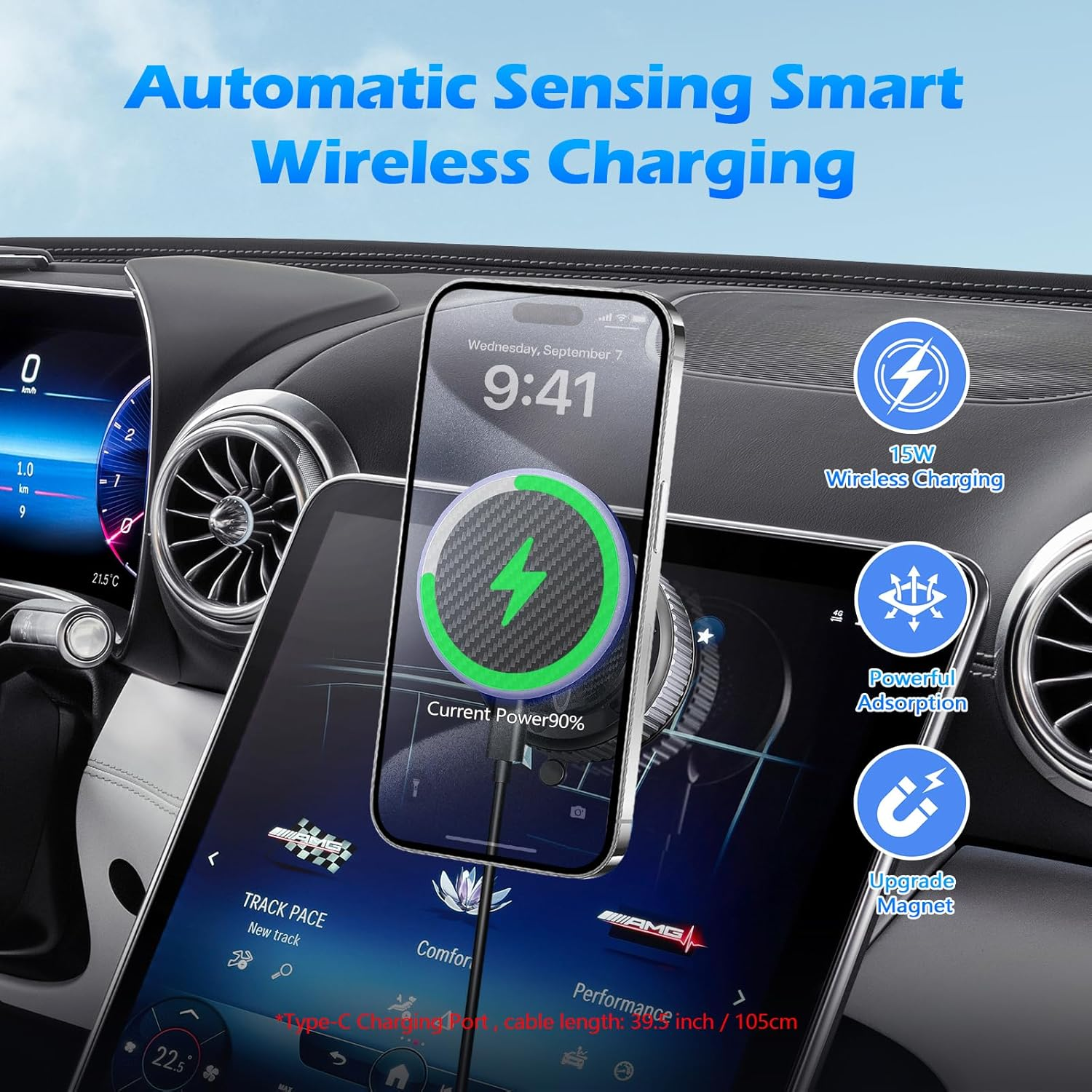 Cloudvalley 15W Wireless Charger Magnetic Car Mount Phone Holder Carbon Fiber, Dashboard/Windshield 360&deg; Adjustable Stand [Compatible with Magsafe] Wireless Charging Arm for Iphone 16/15/14/13/12 image number 6