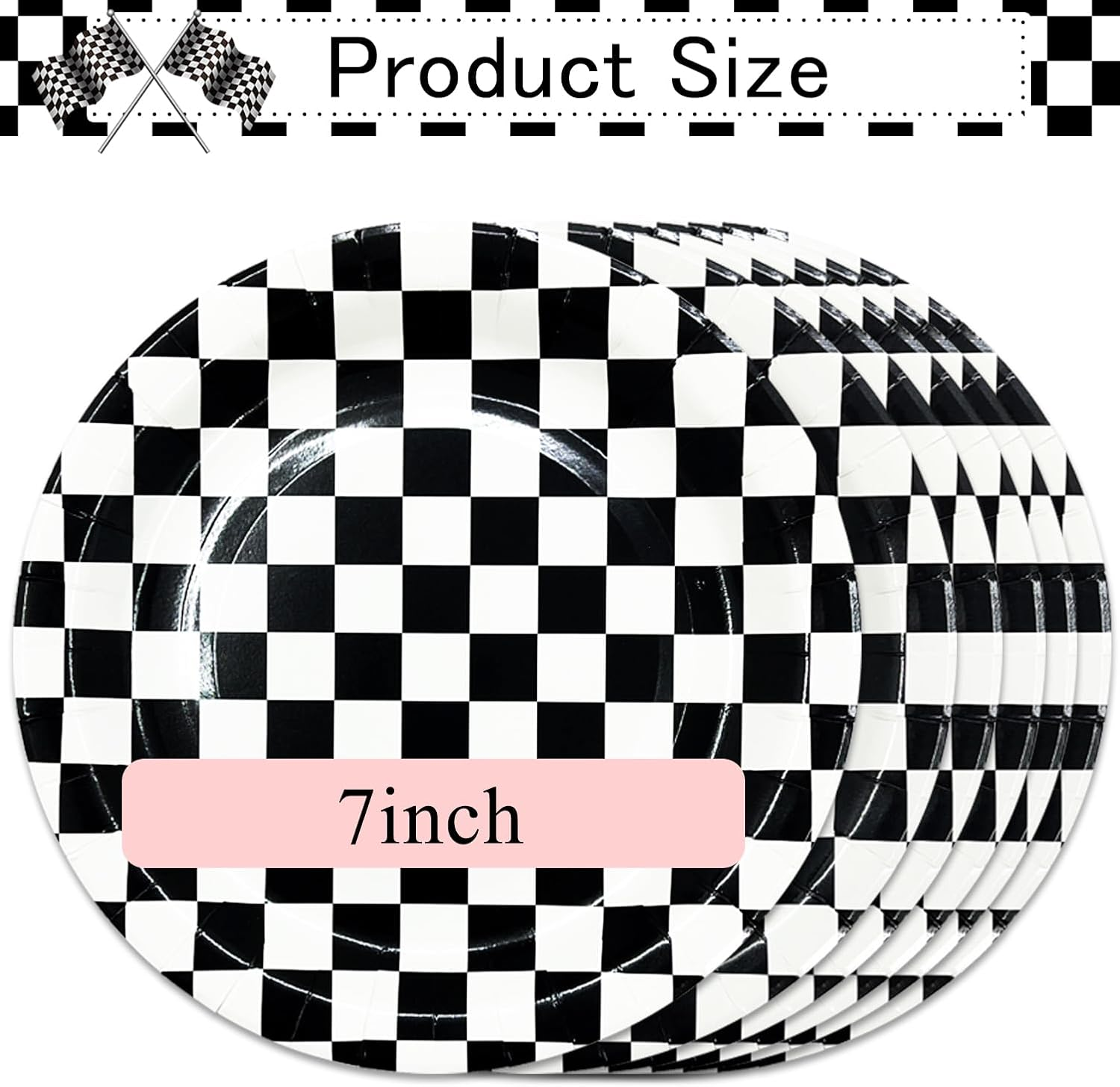 50 PCS Race Car Dessert Plates 7 Inch Black and White Checkered Paper Plates for Racing Theme Party Birthday Baby Shower Decoration Disposable Party Plate image number 2
