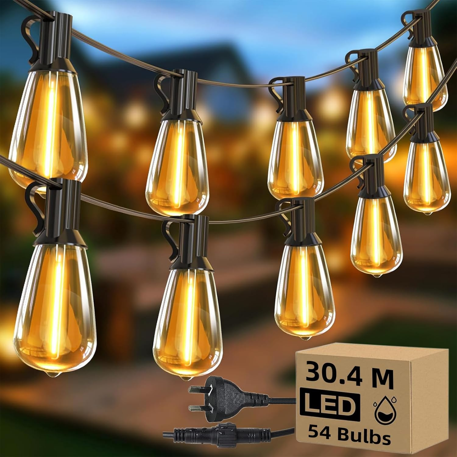 TOJUNE Festoon Lights Outdoor LED String Lights, Waterproof & Shatterproof Christmas Garden Hanging, Patio, Party, Yard, Fairy Lamp, AU Plug, 2700K Warm White (ST38 (Cylinder), 30.4M (50+4 Bulbs)) image number 6