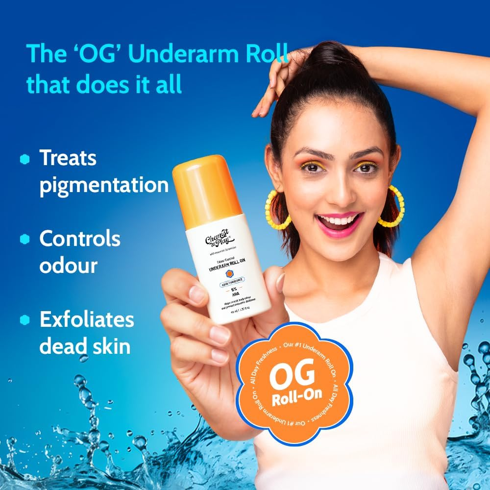 Chemist at Play Underarm Roll-On with 5% AHA, Lactic Acid & 1% Mandelic Acid | Prevents Body Odour, Brightens Skin & Exfoliates Underarm | for Sensitive Skin | Aqua Fragrance | Alcohol Free - 75Ml image number 5