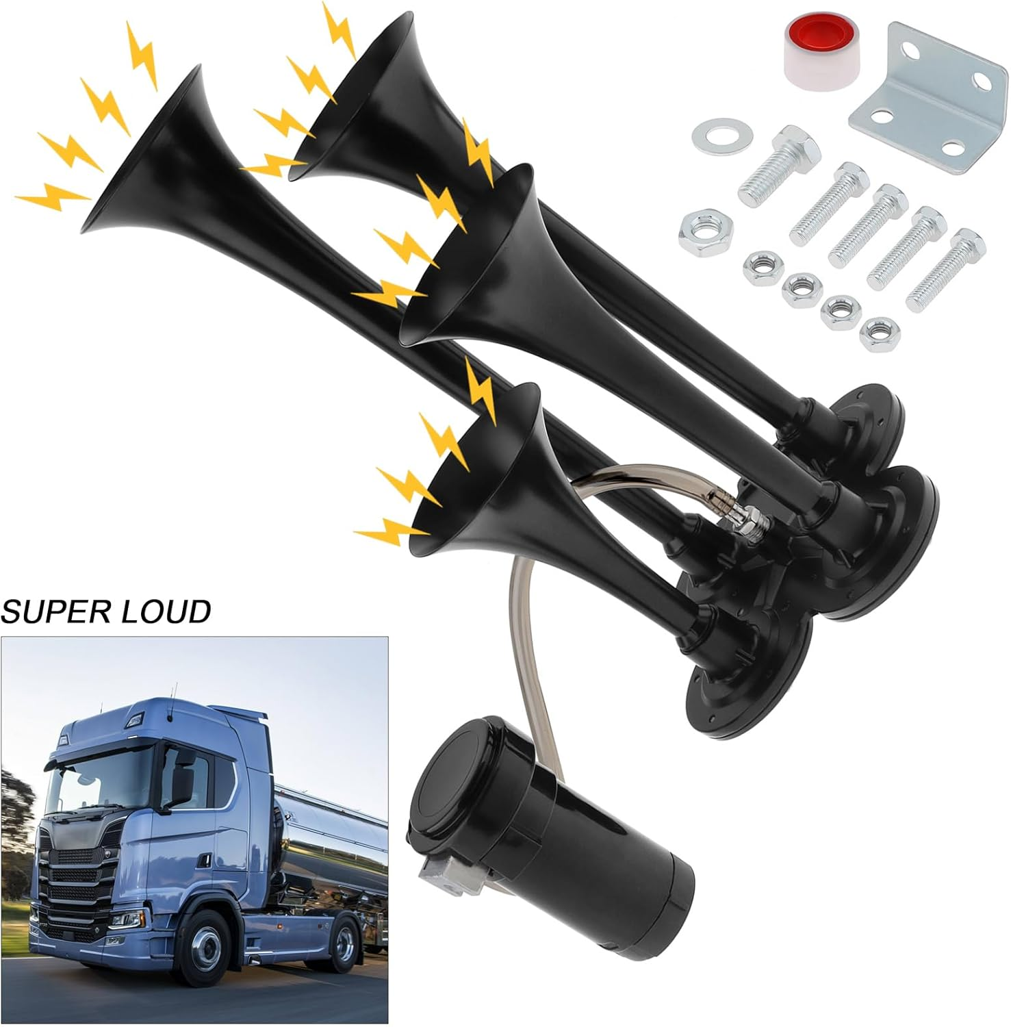 Train Horns Kit, 4 Trumpet Air Horn Kit, 12V 185Db Super Loud Train Horns for Pickup Trucks, Four Trumpet Air Horn with Compressor for Vehicle Cars Trucks Pickup Trains Lorrys Boats image number 3