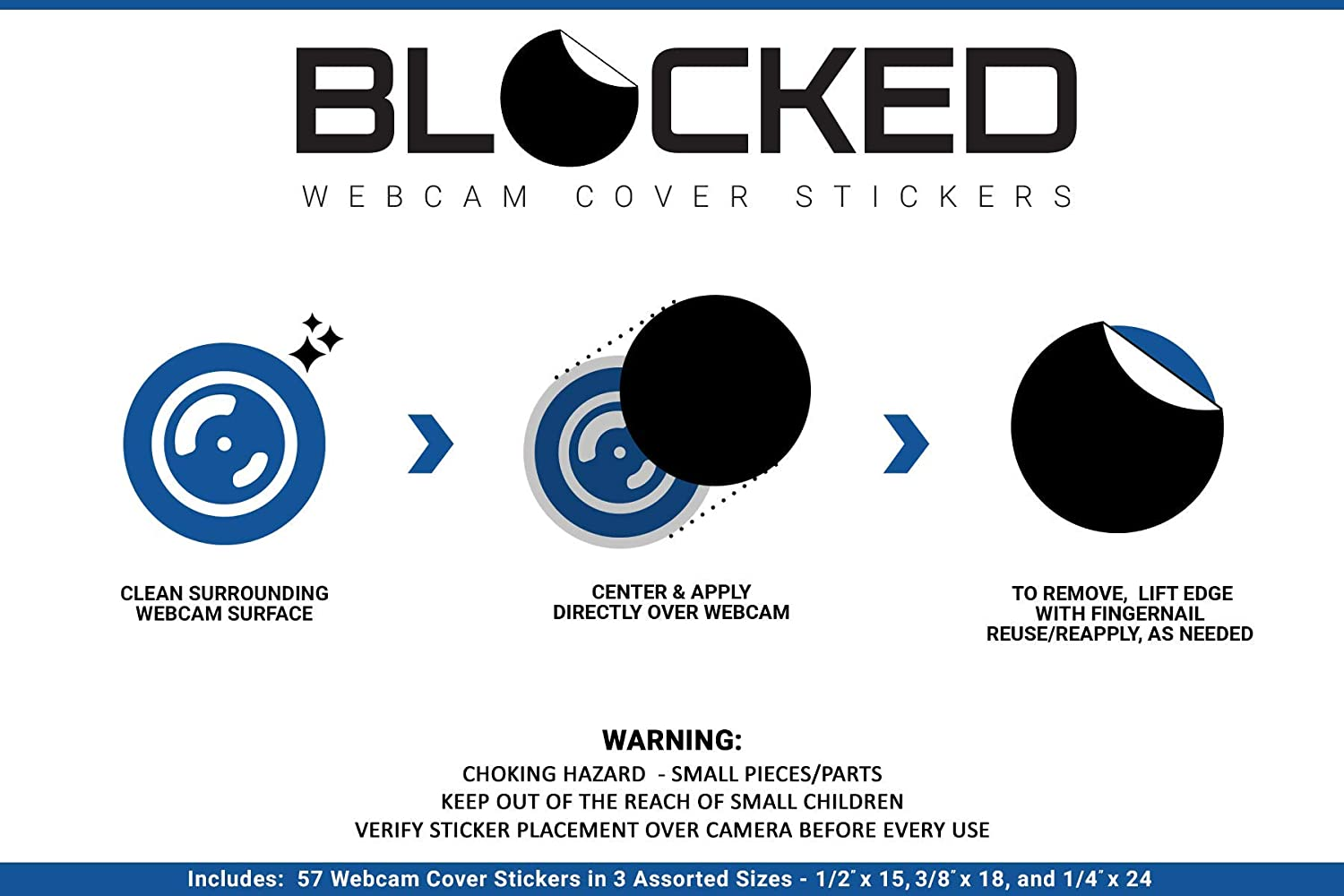 BLOCKED Stackable Webcam/Camera Vinyl Covers | 57 Low-Tack Restickable Webcam Sticker | 3-Sizes | Black 57-Pack (Muted Matte) image number 4
