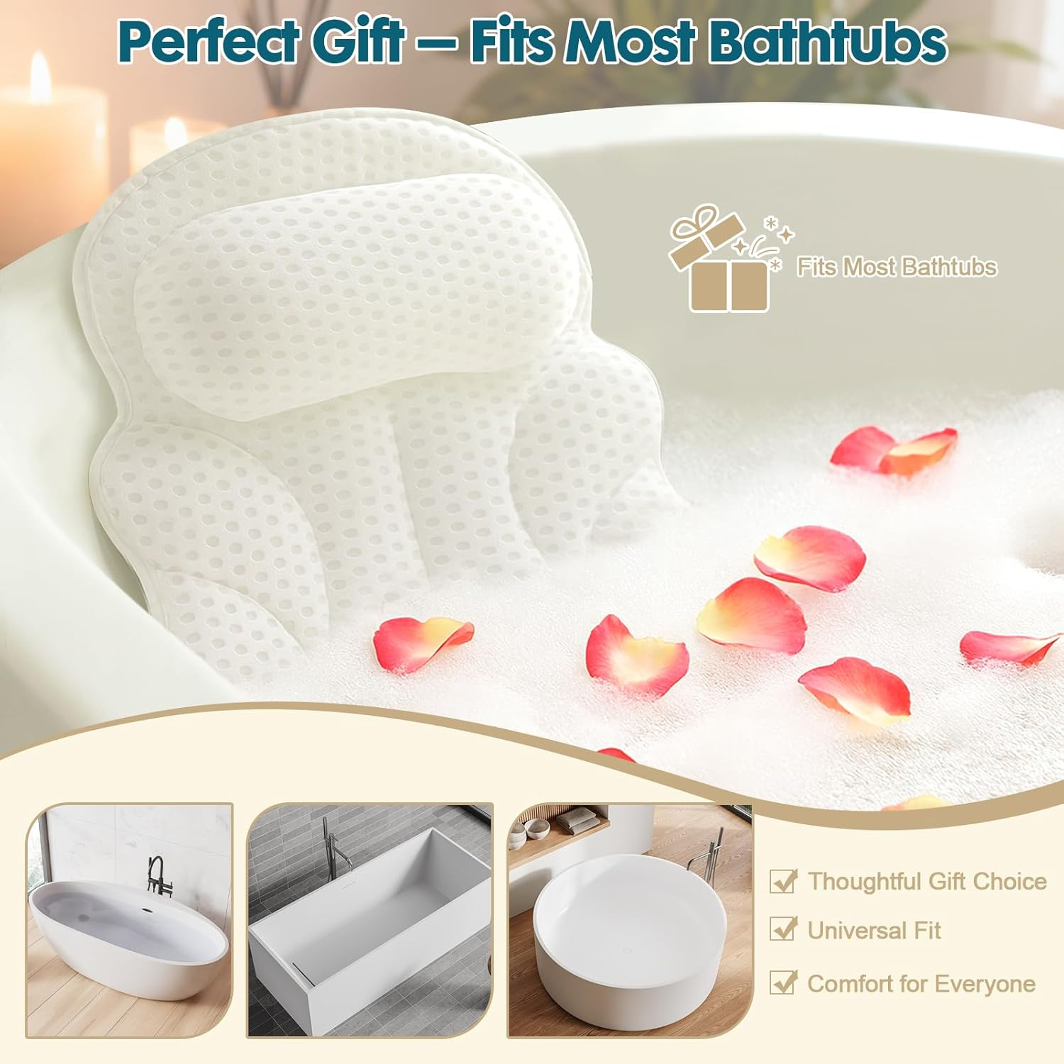 Bath Pillows for Tub &ndash; 4D Air Mesh Bathtub Pillow with Head, Neck & Shoulder Support, Larger Size Non-Slip Tub Pillow for Bathtub & Jacuzzi, Bath Tub Pillow with Wash Bag, Gift for Women & Men image number 2