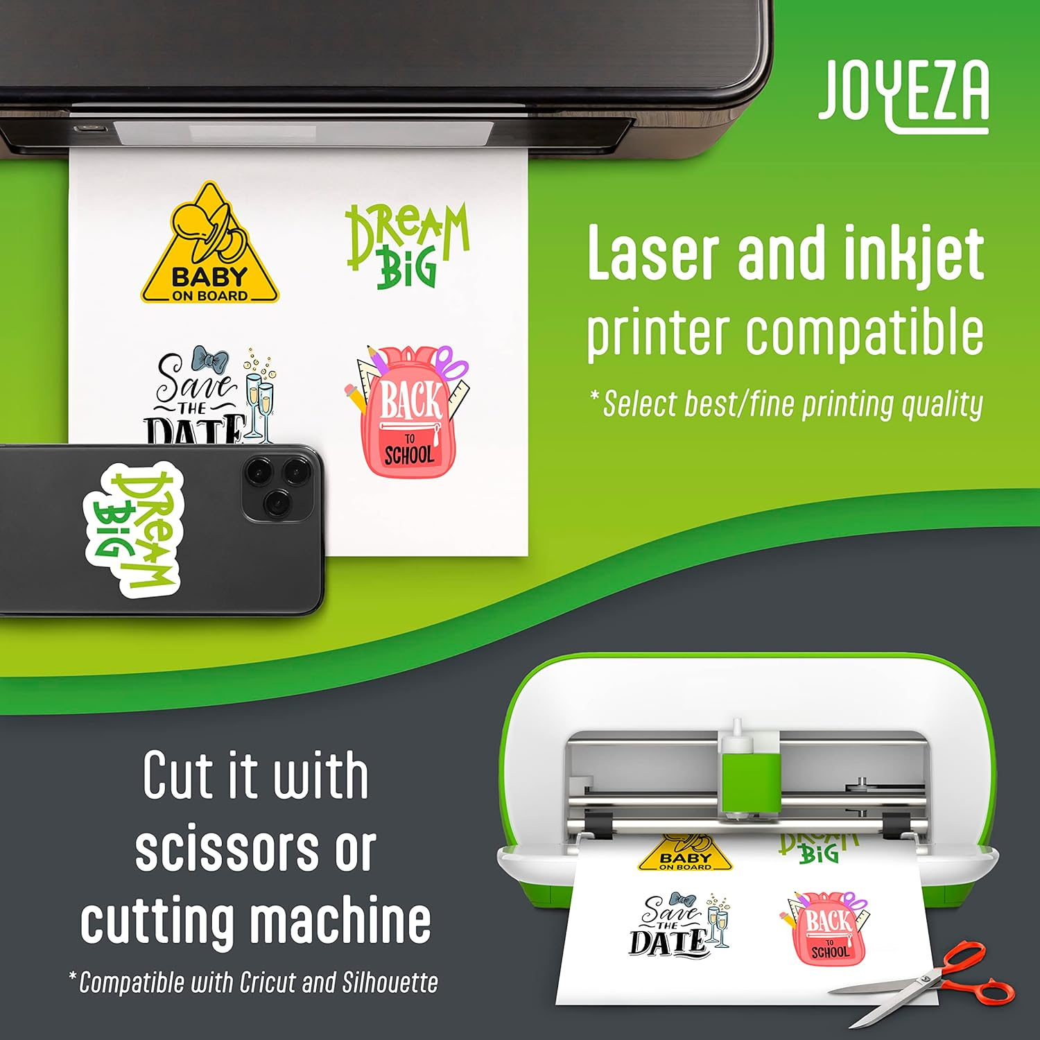 JOYEZA Premium Printable Vinyl Sticker Paper for Inkjet Printer - 80 Sheets Matte White Waterproof, Dries Quickly Vivid Colors, Holds Ink Well- Tear Resistant - Inkjet & Laser Printer image number 3