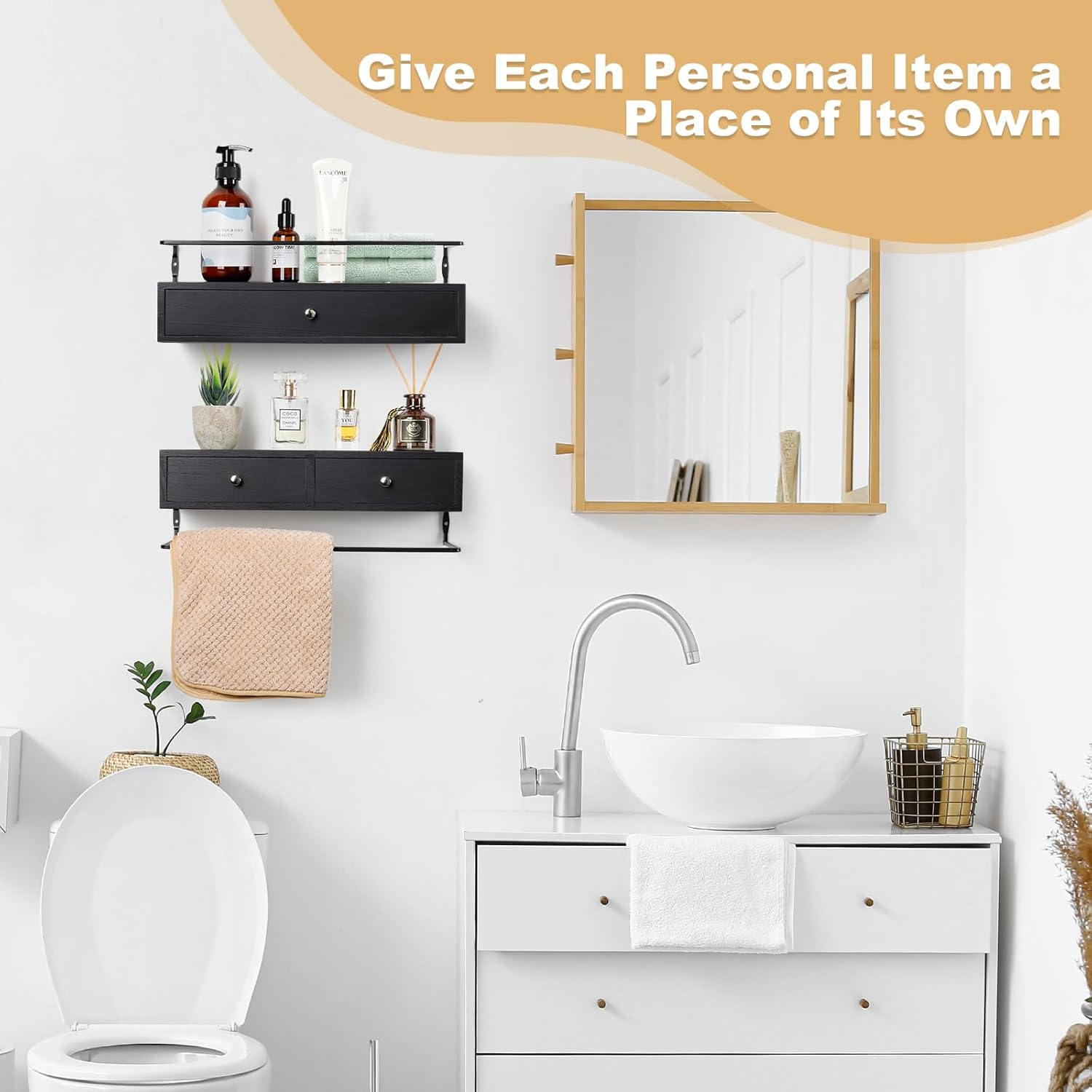 Floating Shelves for Wall Decor Storage, Wall Mounted Bathroom Shelf, Rustic Wood Wall Shelves with Drawers Set of 2 - for Home Decor, Bathroom and Room Decor, Kitchen Storage (Black) image number 4