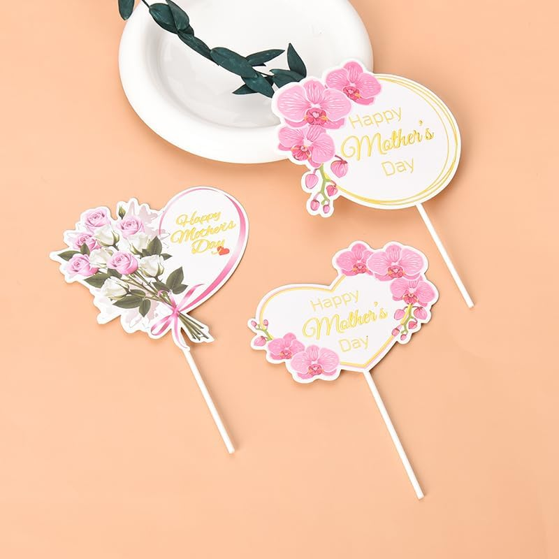 Happy Mothers Day Cake Topper Sign for Mother'S Day Cake Decorations for Women Mom Cupcake Toppers 3Pcs Heart round Rose Flower Floral Mothers Day Decorations Ideas image number 3