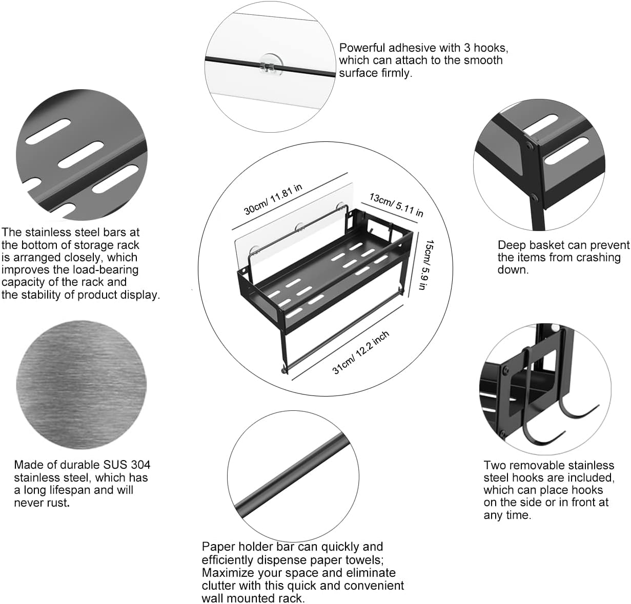 ESOW Paper Towel Holder with Shelf Storage, 2-In-1 Wall Mounted Paper Towel Roll Rack Basket for Kitchen, Balcony & Bathroom, Self-Adhesive or Drilling Installation, SUS304 Matte Black Finish