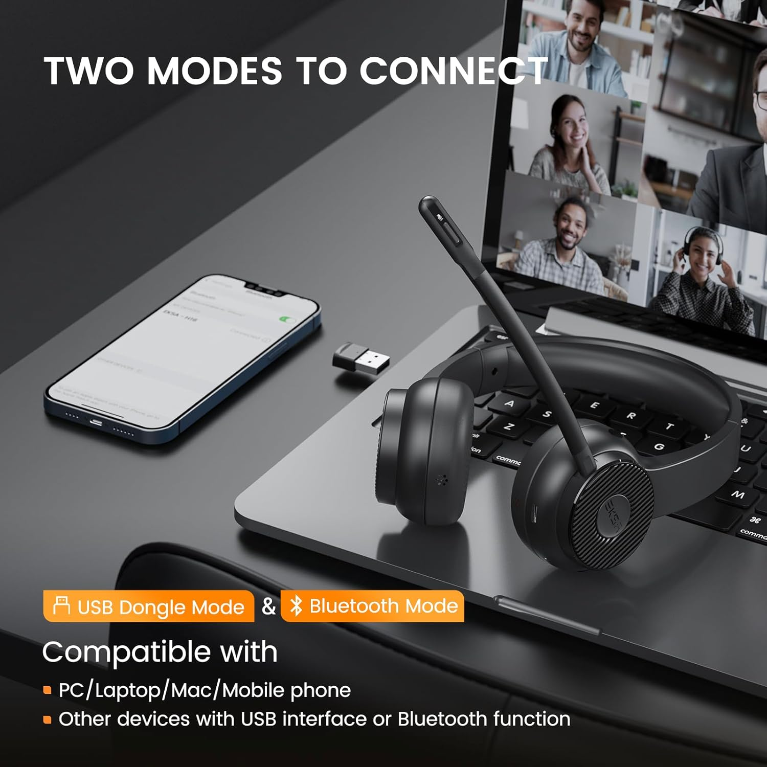 Bluetooth Headset V5.2, Wireless Headset for PC with AI Environmental Noise Cancelling Microphone (ENC), 2.4G USB Adapter, 55Hours Playtime, Stereo, Calls/Music Mode, on Ear Computer Headphones image number 6