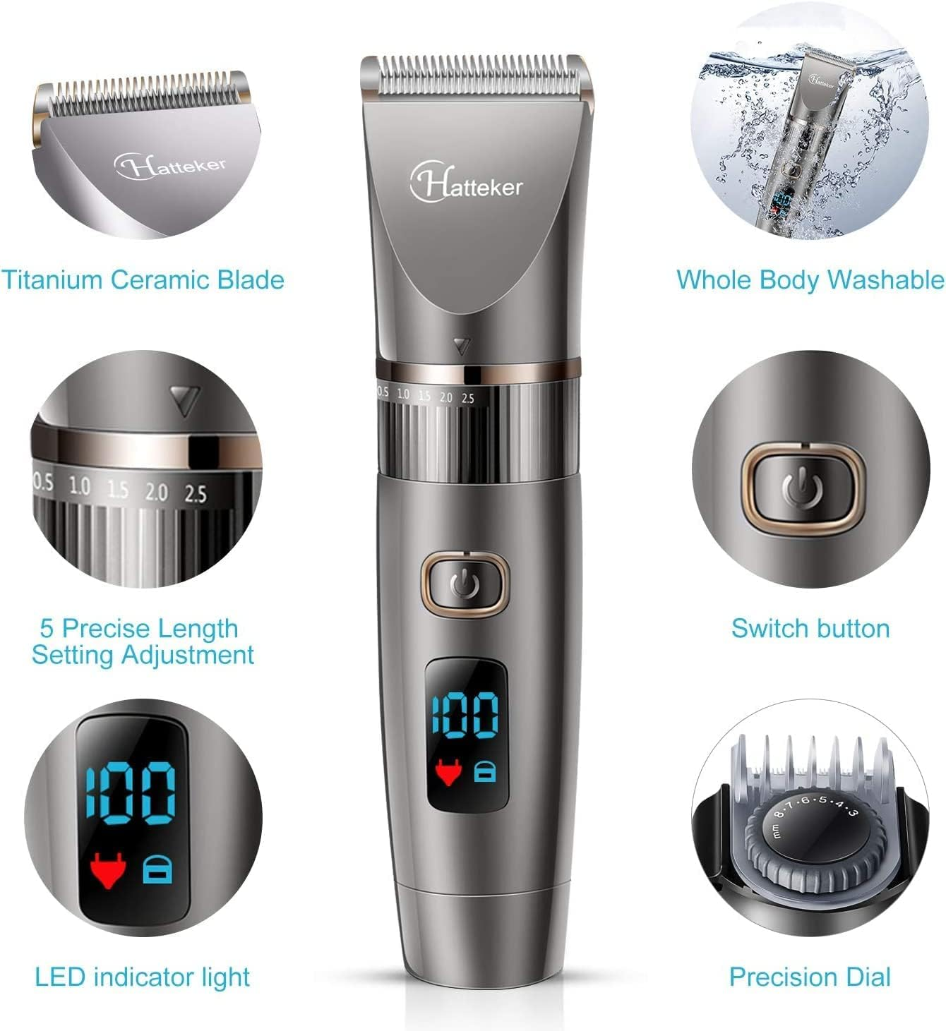 Hatteker Beard Trimmer for Men Professional Hair Clipper Hair Trimmer Shaver Haircut Detail Trimmer Hair Cutting Kit for Men Cordless Waterproof image number 1