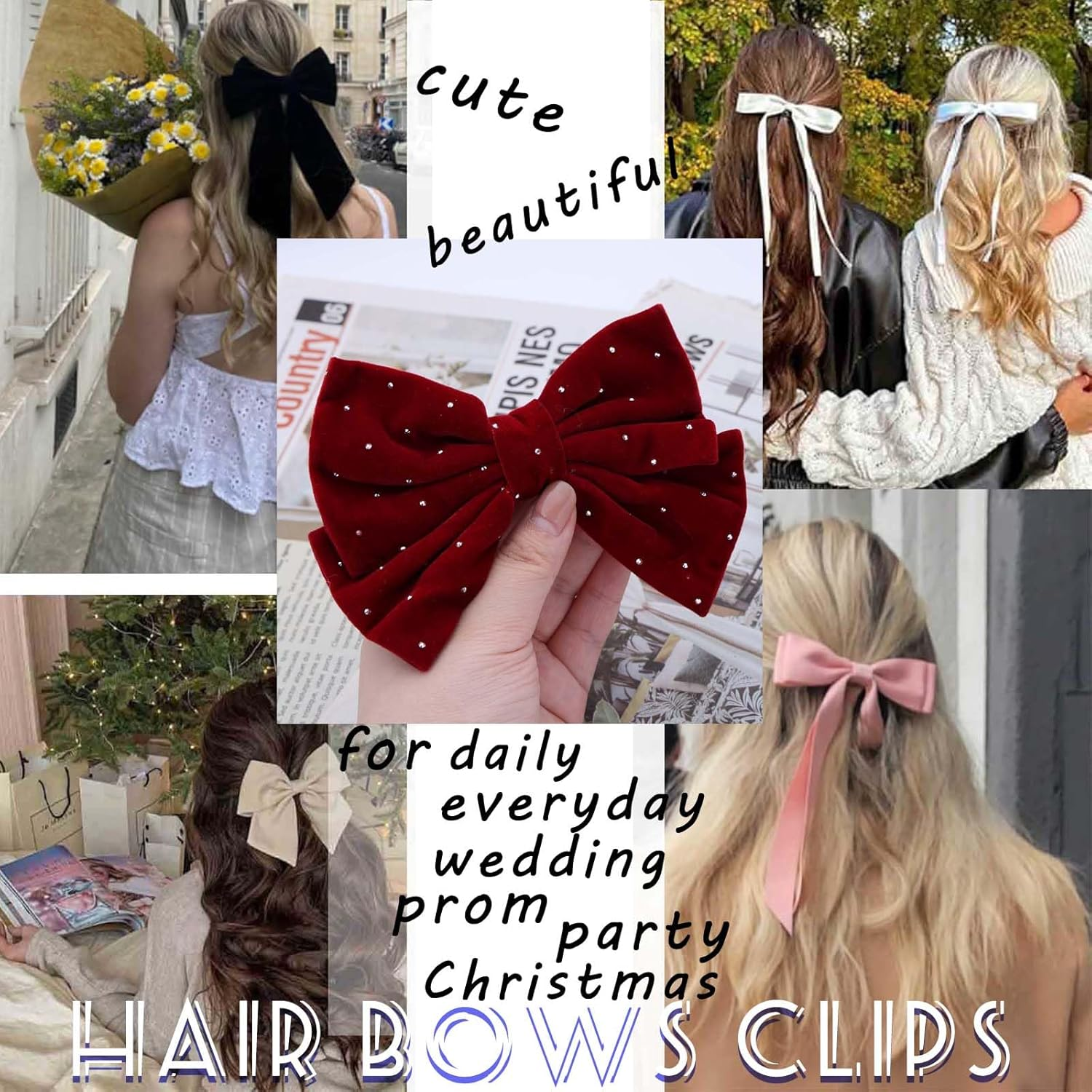 Red Hair Bows for Women Velvet Bow Hair Clips Glitter Crystal Bow Clips Cute Hair Bow Clips French Hair Band Bow Rhinestone Bows Party Prom Wedding Bow Clip image number 5