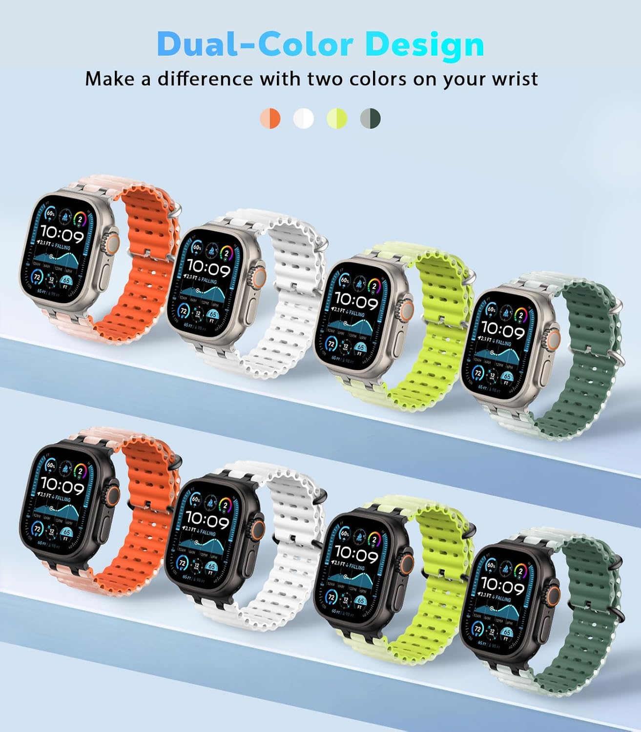Astorgos Bicolor Ocean Band for Apple Watch Ultra 3/2/1 49 Mm, S11/S10 46 Mm, 9/8/7 45 Mm, SE3/SE2/SE/6/5/4 44 Mm, 3/2/1 42 Mm, Metal Connector Extra Long Breathable Sports Watch Strap, S + TL Green image number 1