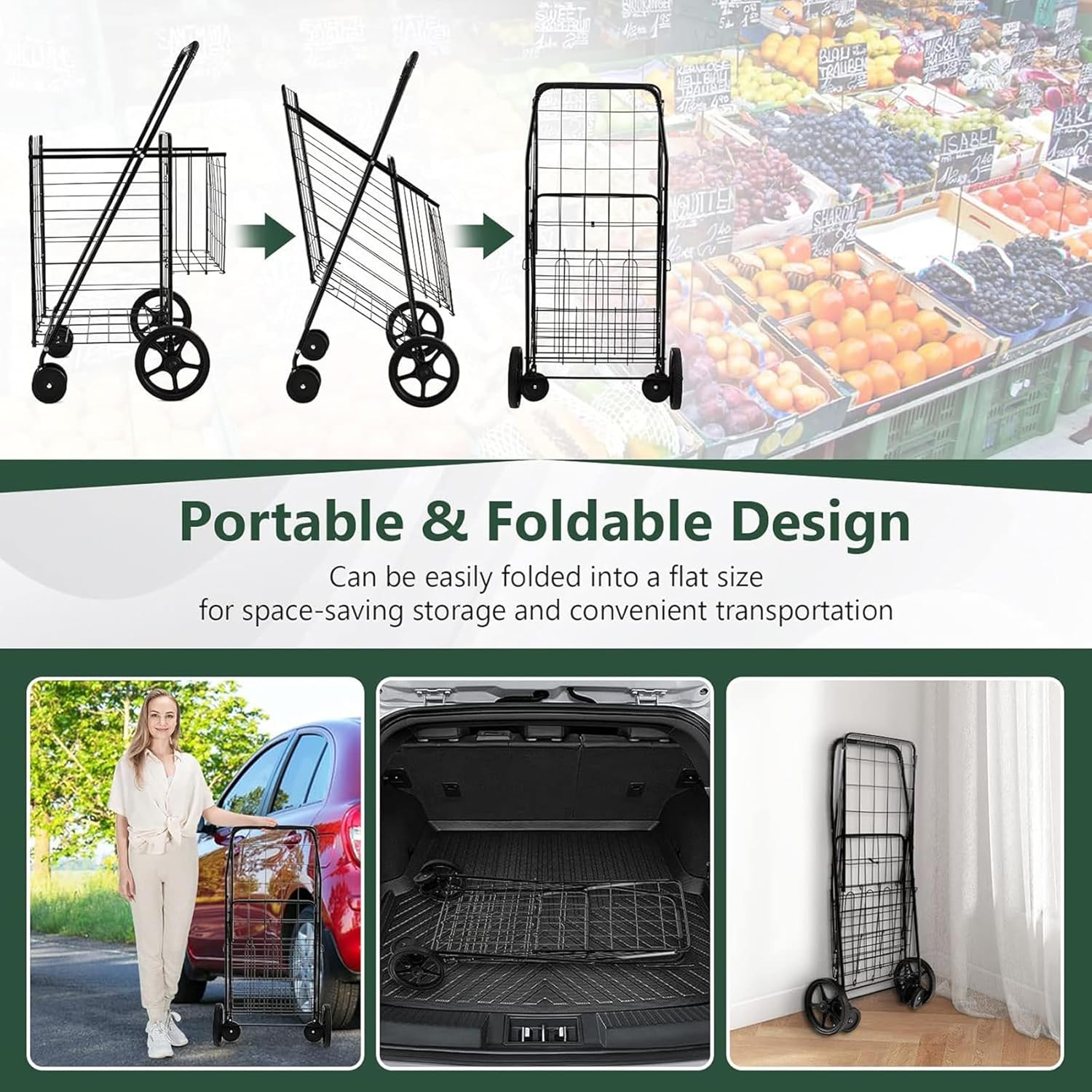 Foldable Shopping Cart with Rolling Swivel Wheels, Heavy Duty Grocery Utility Cart with Double Basket for Groceries Laundry Luggage Travel, 56 * 62 * 102Cm Black 118L image number 4