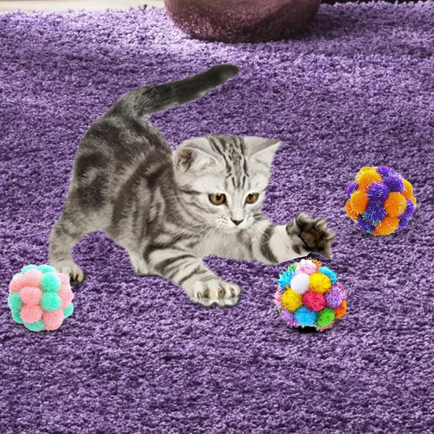 Fuzzy Cat Balls - Stuffed Cat Ball Toy - Assorted Color Balls Fuzzy Balls, Interactive Toys for Indoor Cats and Kittens, Toys image number 6