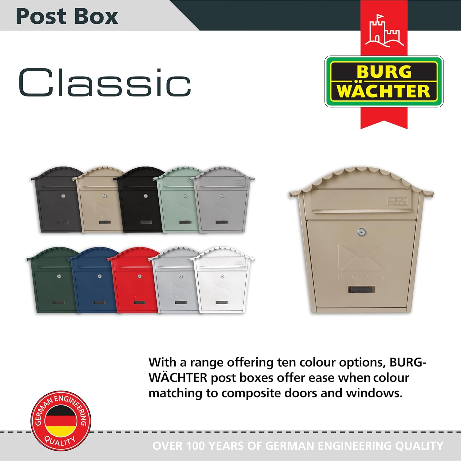 Burg-Wachter MB01AC Classic Wall Mounted Galvanised Steel Lockable Weatherproof Post Box, Antique Cream, 36X37X13Cm