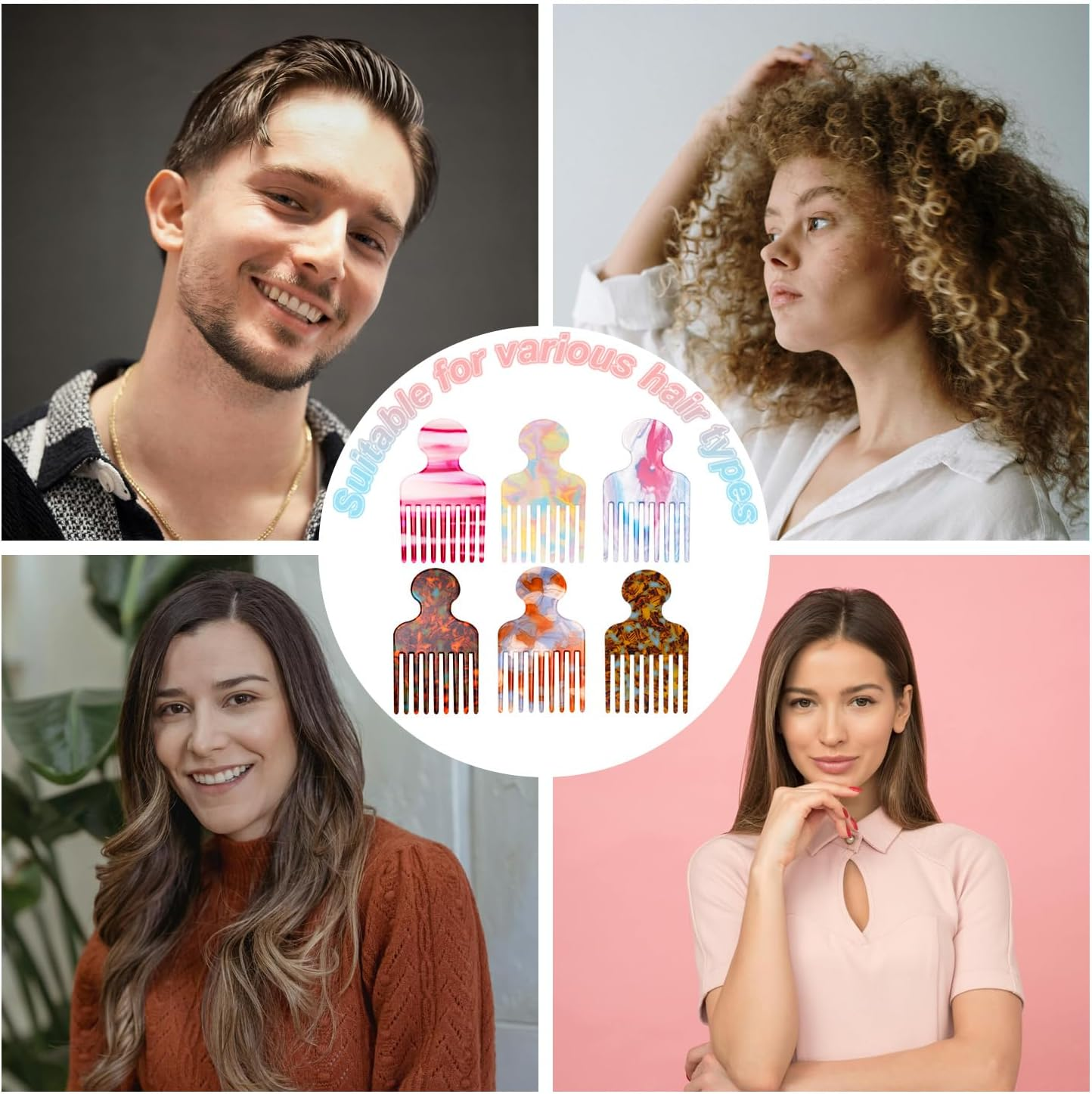 6Pcs Wide Tooth Hair Pick Comb, 6 Colors Smooth Sturdy Detangling Lift Combs Hair Styling Tools for Women Men Barber Supplies image number 2