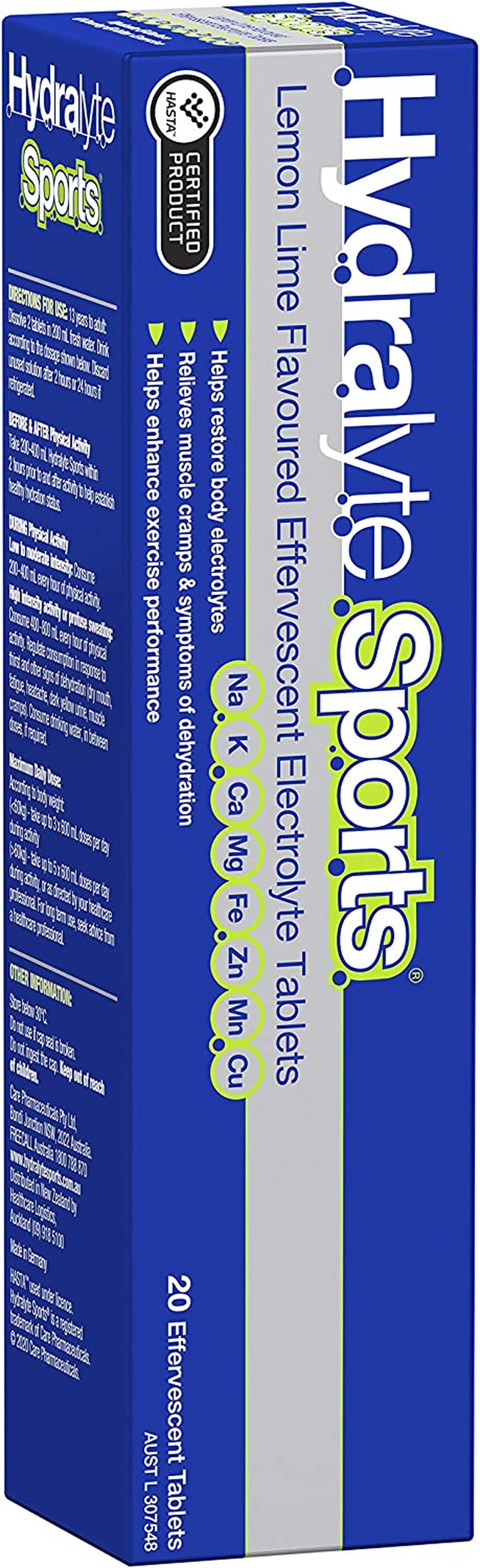 Hydralyte Sports Effervescent Electrolyte Tablets Lemon Lime Flavoured 20 Tablets