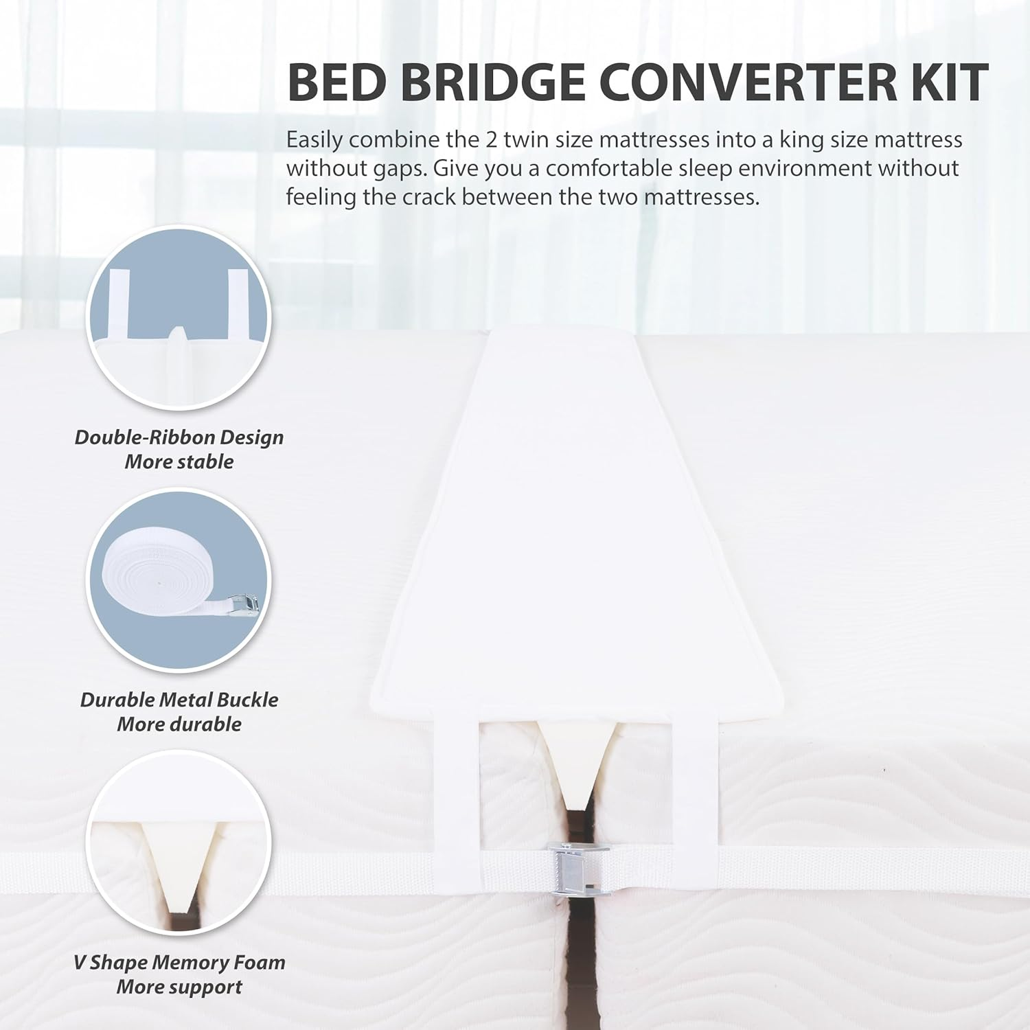 Ruili Bed Bridge Twin to King Converter Kit - Mattress Connector with Strap - Extra Wide Soft Bed Gap Filler - Adjustable Comfortable Bed Connector - Storage Bag Included (Cotton) - White image number 1