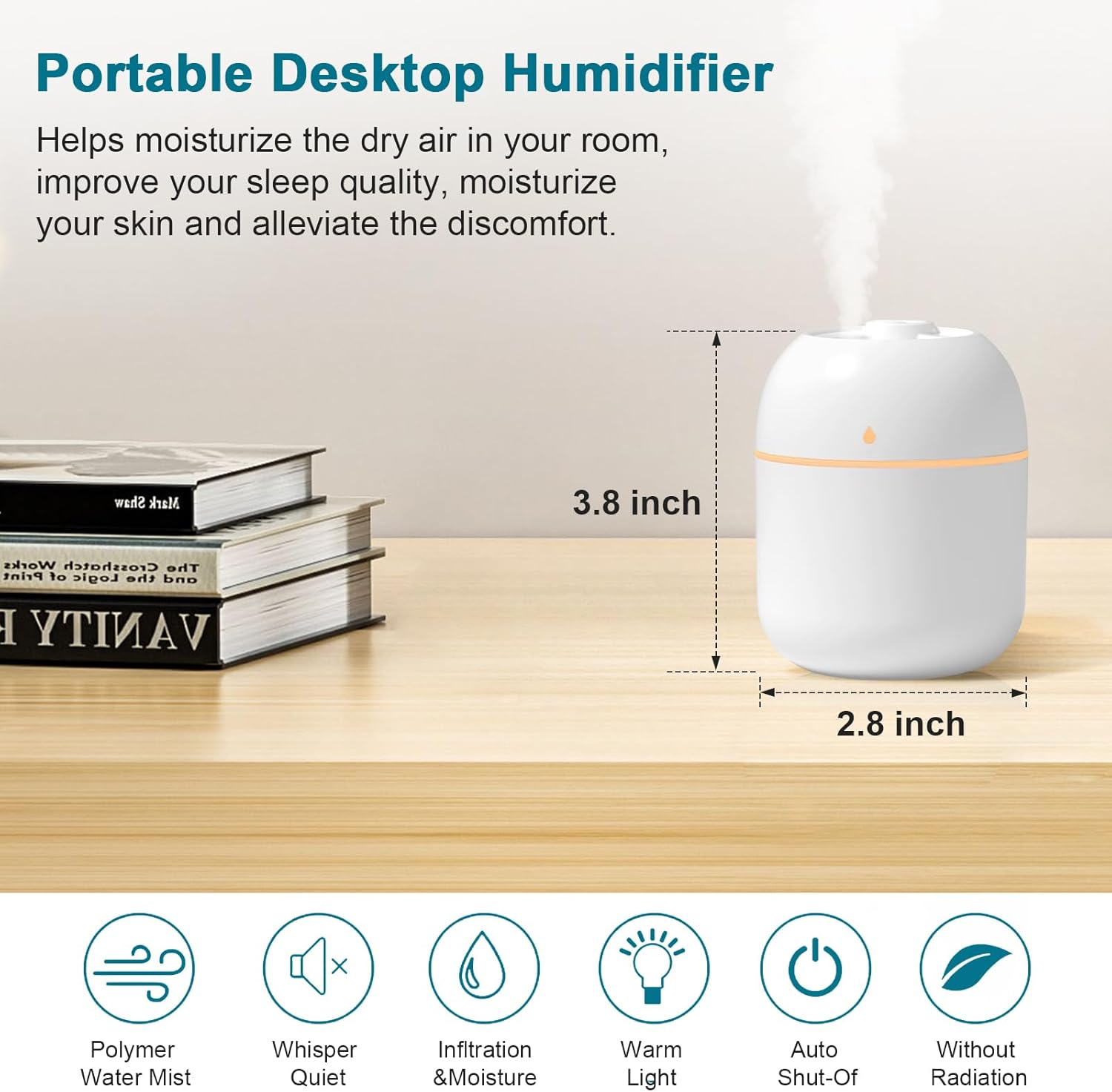 Portable Small Humidifier, USB Personal Desktop Humidifier for Car, Office Room, Bedroom, Auto Shut-Off, 2 Mist Modes, Super Quiet(220Ml, White) - Pink image number 3