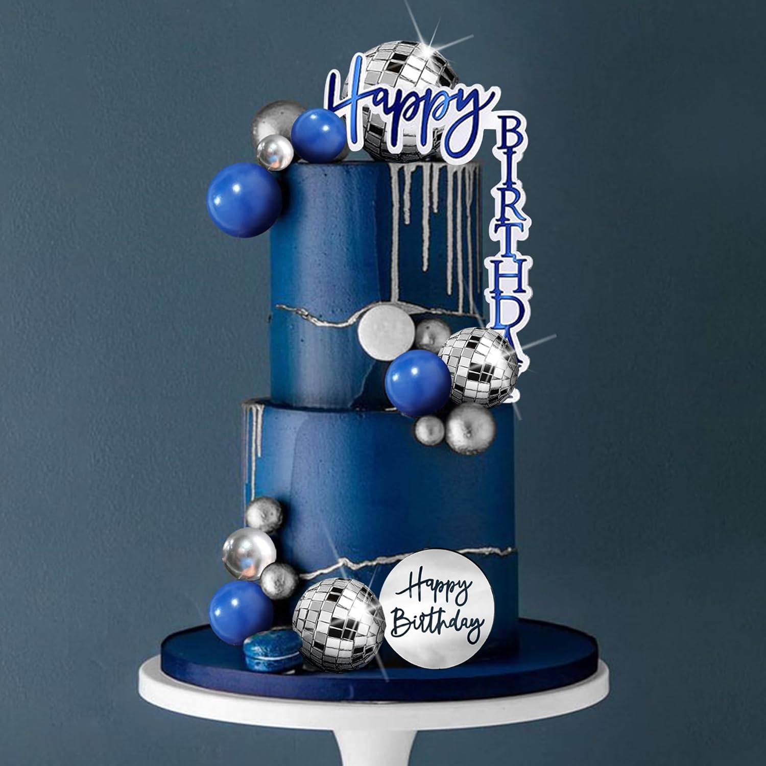 DRWATE Man Cake Topper Blue Silver Disco Ball Cake Topper Boho Cake Topper Decorations for Navy Blue Boho Wedding Man Boy Birthday Party Baby Shower Supplies (Blue 02) - Silver image number 4