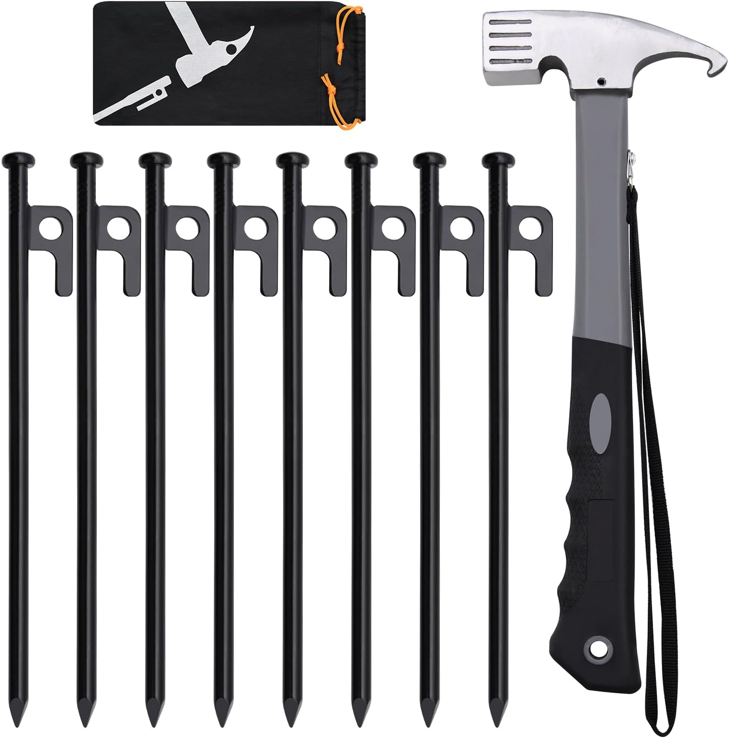 8Pcs Tent Stakes and Hammer Set, 12In Heavy Duty Forged Steel Tent Stakes + Camping Hammer + Storage Pouch, Available in Rocky Place