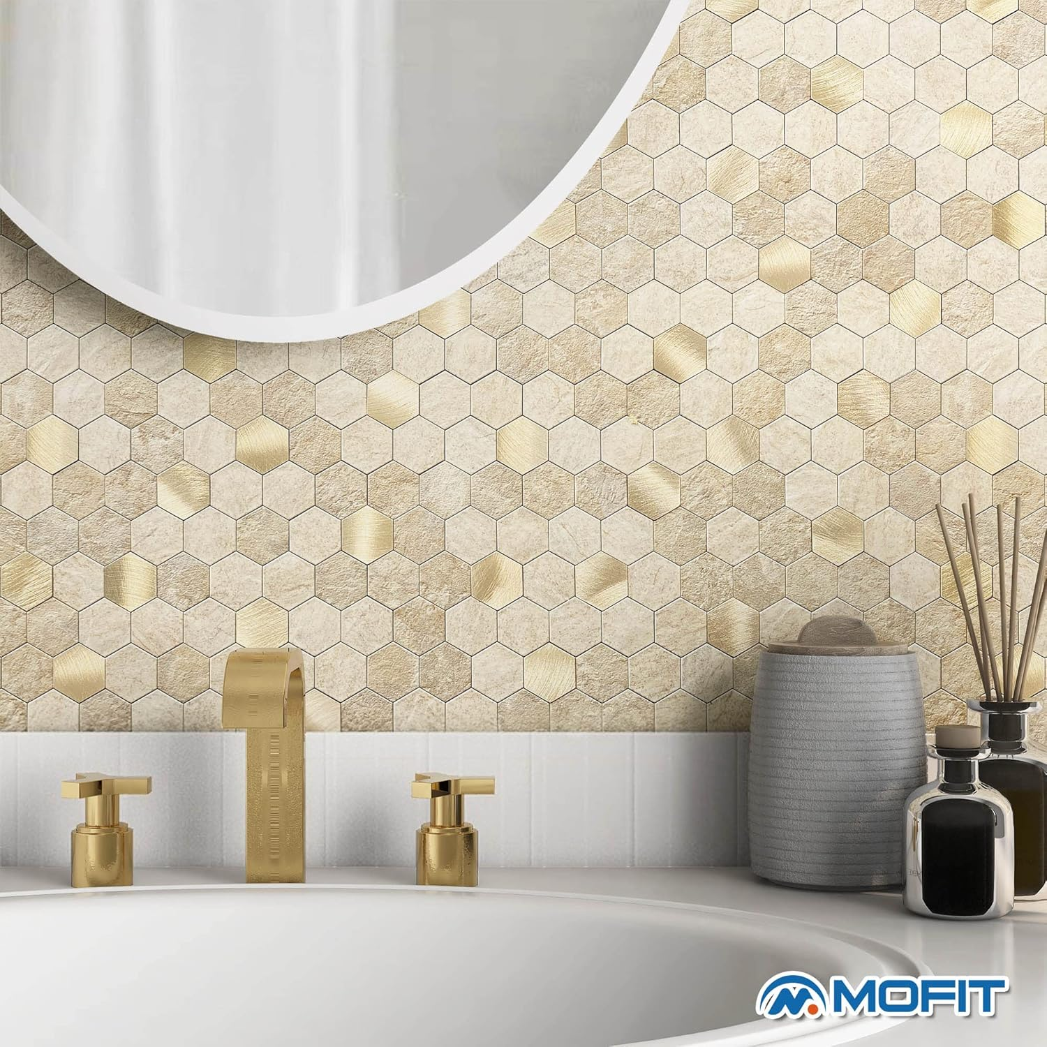 MOFIT Hexagon Peel and Stick Backsplash Tiles Kitchen,Self-Adhesive Metal and Marble Honeycomb Peel and Stick Wall Tiles Sticker Mosaic Heat Resistant(Beige,10Sheets) image number 4