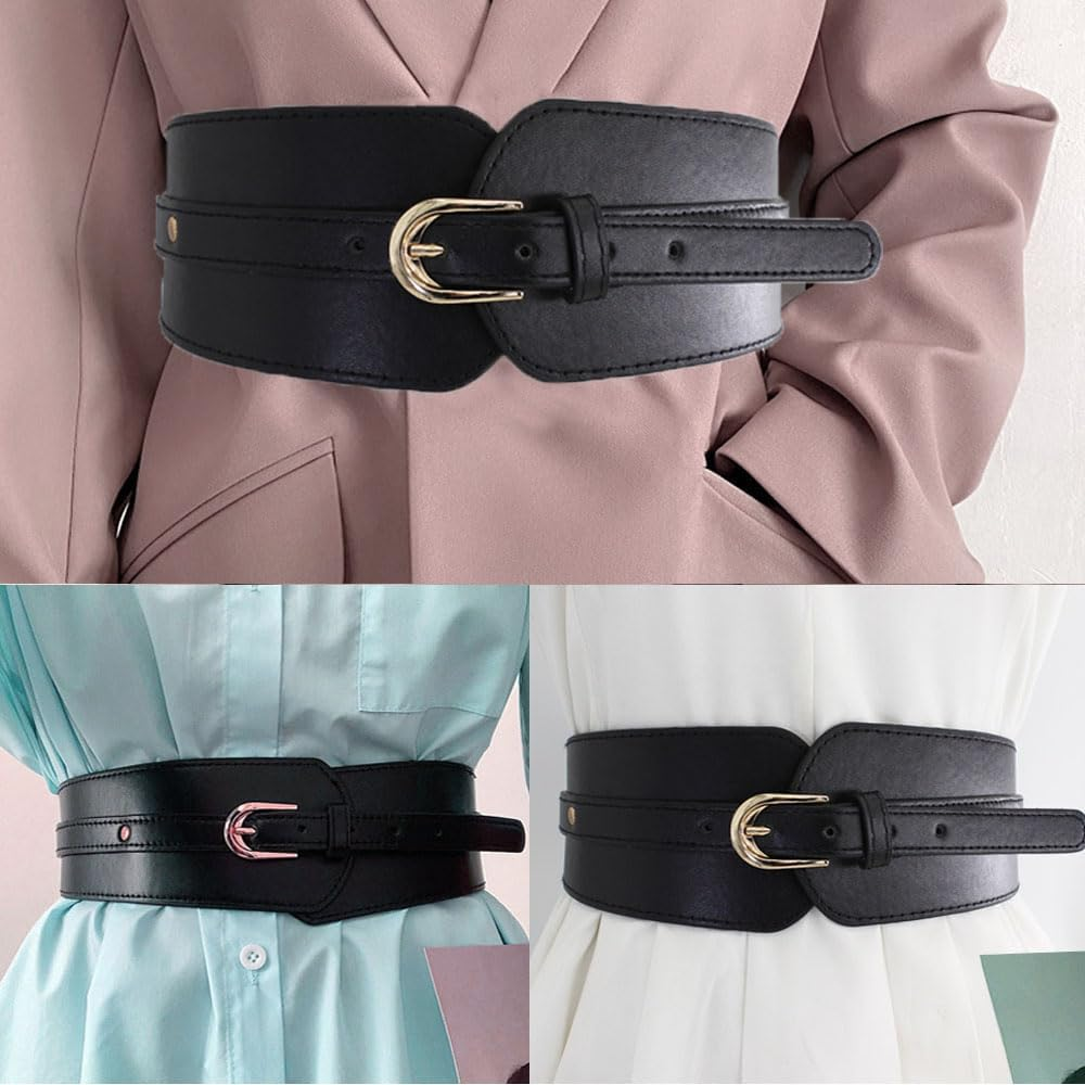 Naisfei Leather Wide Stretch Elastic Buckle Cinch Waist Wide Belt, Vintage Waist Belts for Ladies Girls, Buckle Length Adjustable Casual Ladies Belts, Fashion Accessory for Dresses & Coats(Black) image number 3