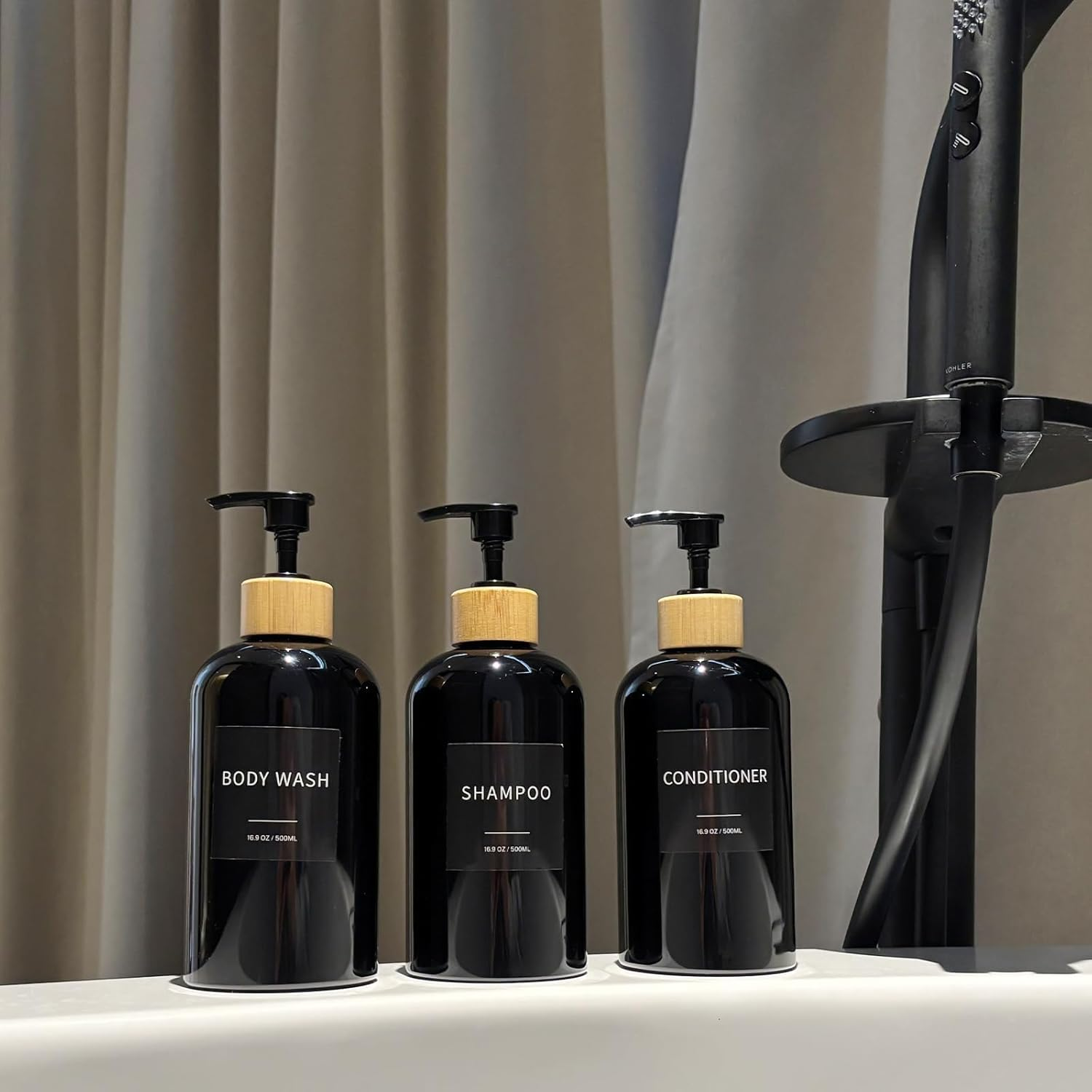 Shampoo and Conditioner Dispenser, Refillable Plastic Shampoo Pump Bottles with Waterproof Labels, Empty Body Wash Dispenser Set for Bathroom, Shower Soap Bottles (Black, Set of 3, 16.9Oz) image number 2