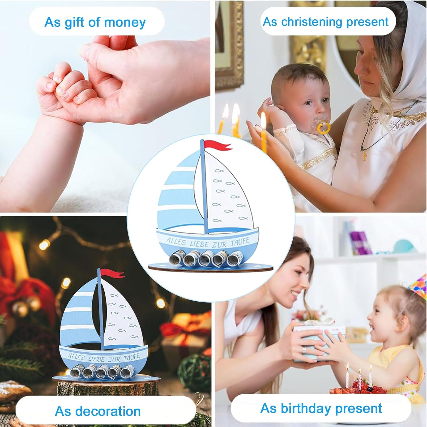Christening Gifts Boys, Wooden Boat Christening Gift, 19 X 16 Cm Money Gift with Base, Gift Godchild for Christening, Love for Christening, Birth Christening, Money Gift Packaging for Girls and Boys image number 1